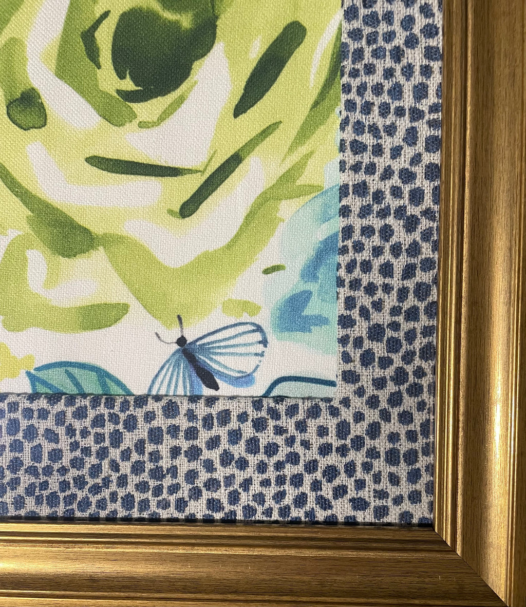 Pair of Bright Floral Watercolor Fabric Wall Art — Designer Fabric, 13x16 Gold Frame