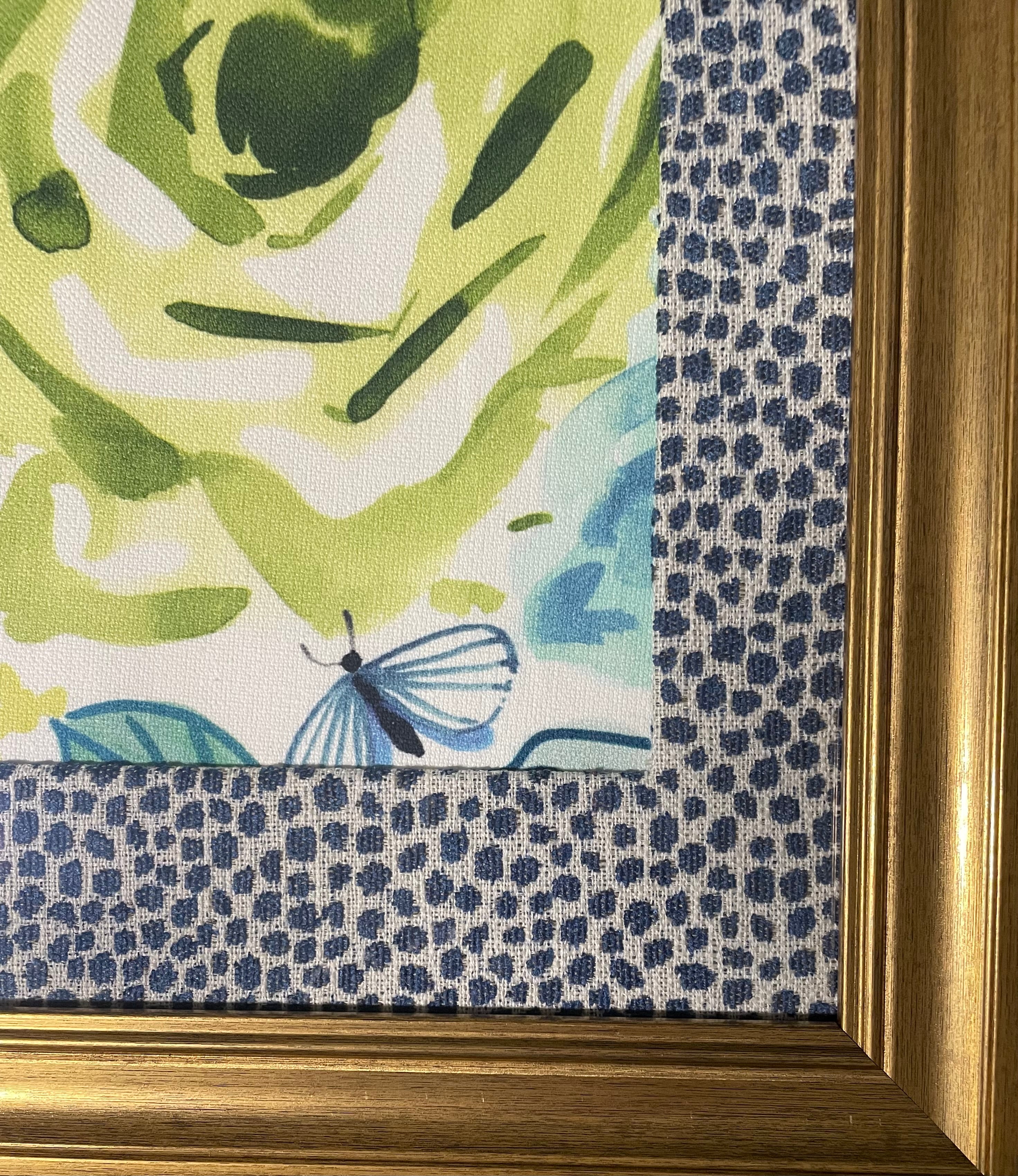 Pair of Bright Floral Watercolor Fabric Wall Art — Designer Fabric, 13x16 Gold Frame