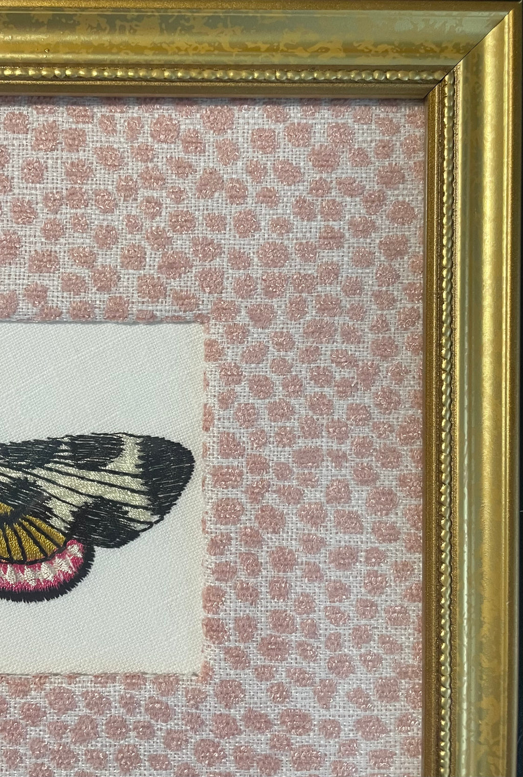 Custom Framed Embroidered Butterfly Moth Art, Ballard Designs TULLY Rose Quartz Fabric Matting