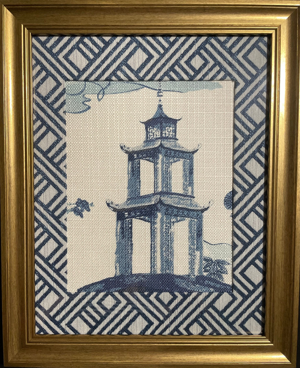 Chinoiserie Pagoda Fabric Wall Art | 13x16 Gold Frame | Zen Indigo