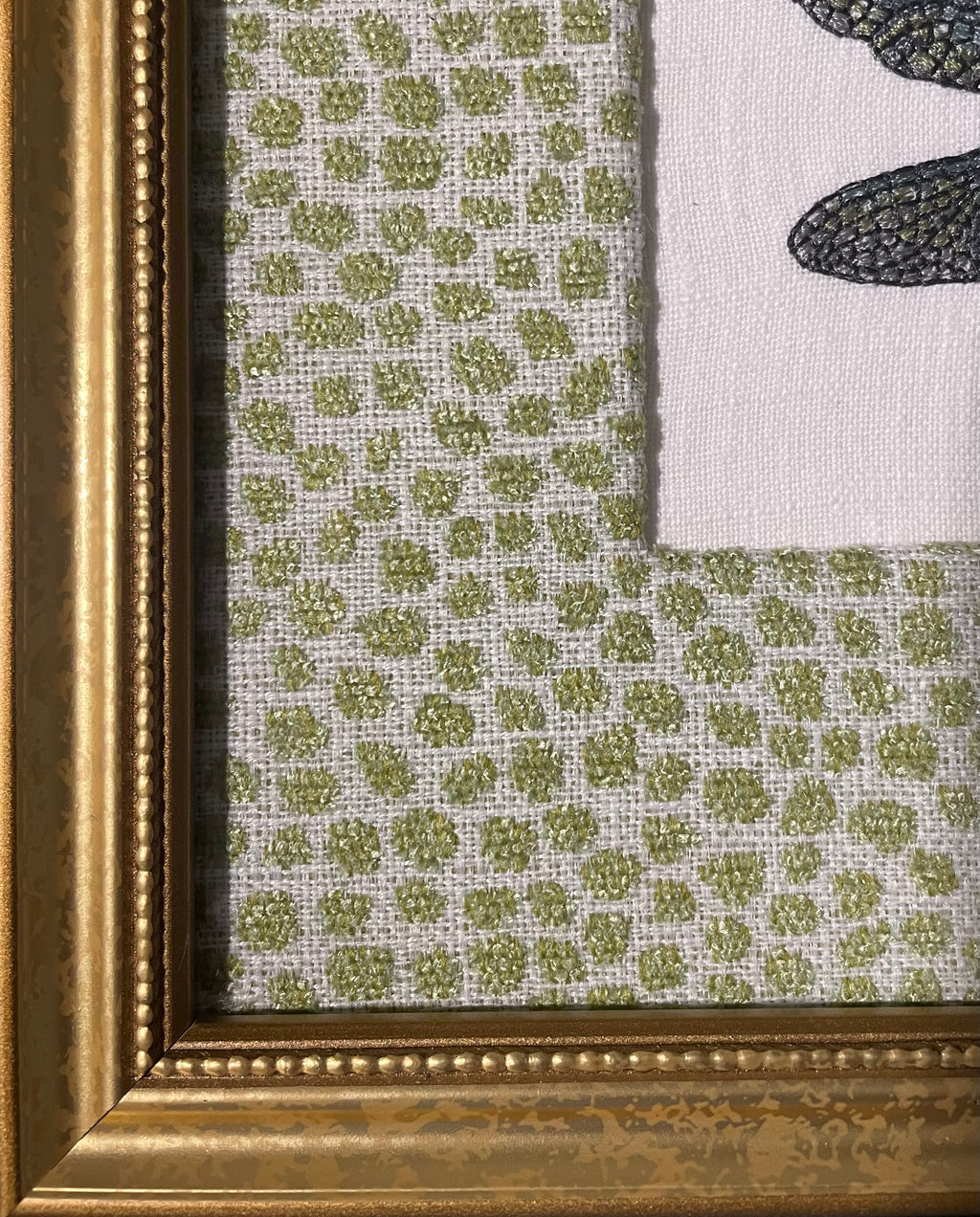 Embroidered Dragonfly Wall Art — Gold Frame with Ballard Designs Pear Tully Fabric Mat