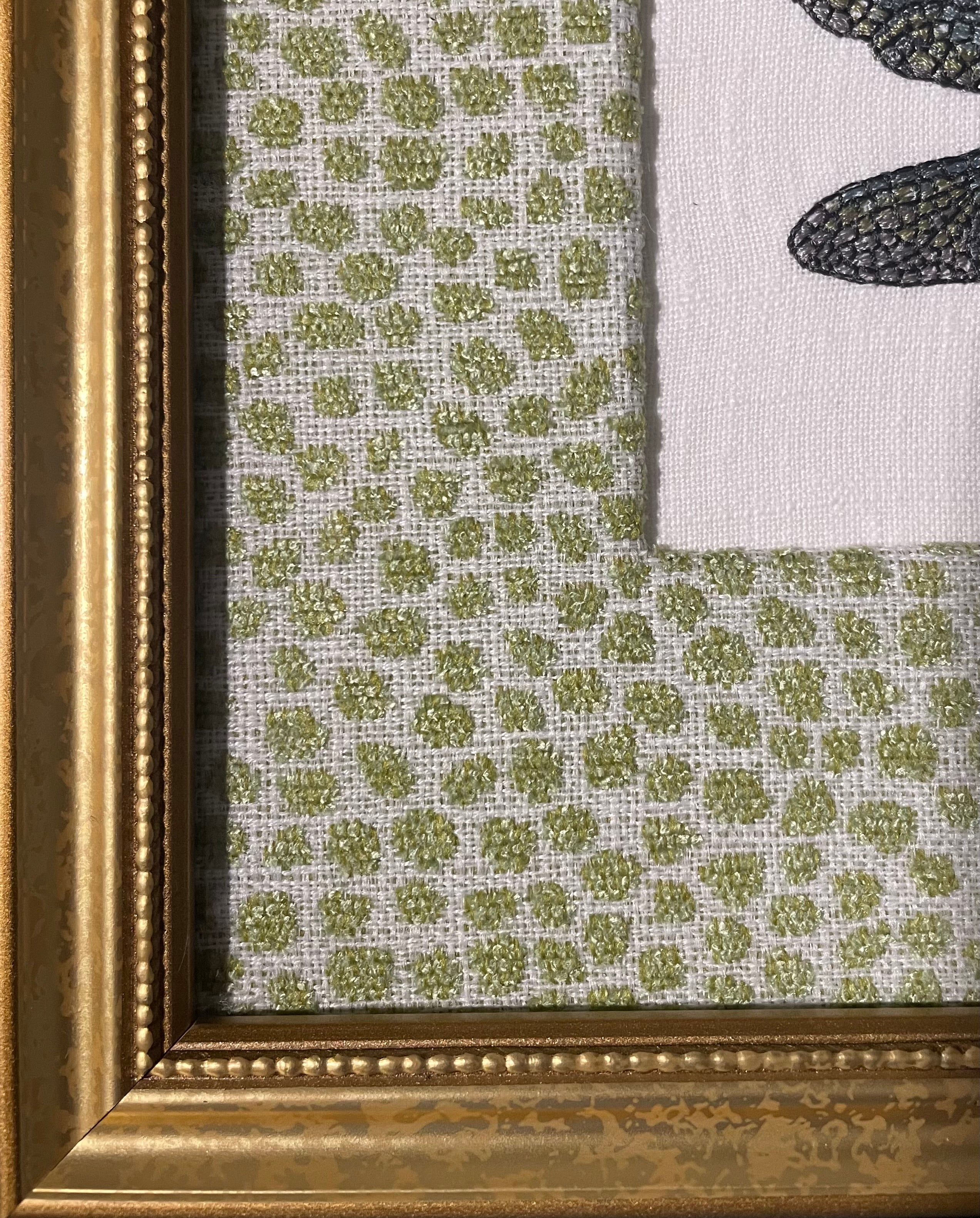 Embroidered Dragonfly Wall Art — Gold Frame with Ballard Designs Pear Tully Fabric Mat