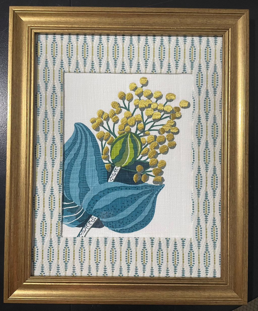 Ballard Designs Emmie Blue Fabric Framed Wall Art — Faygo Tropics Blue Mat, 13x16 Gold Frame (No. 2)