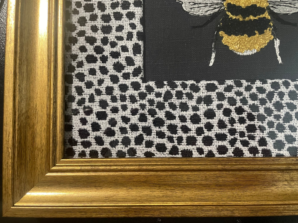Embroidered Bee Wall Art — Gold Frame with Ballard Designs Ebony Tully Fabric Mat
