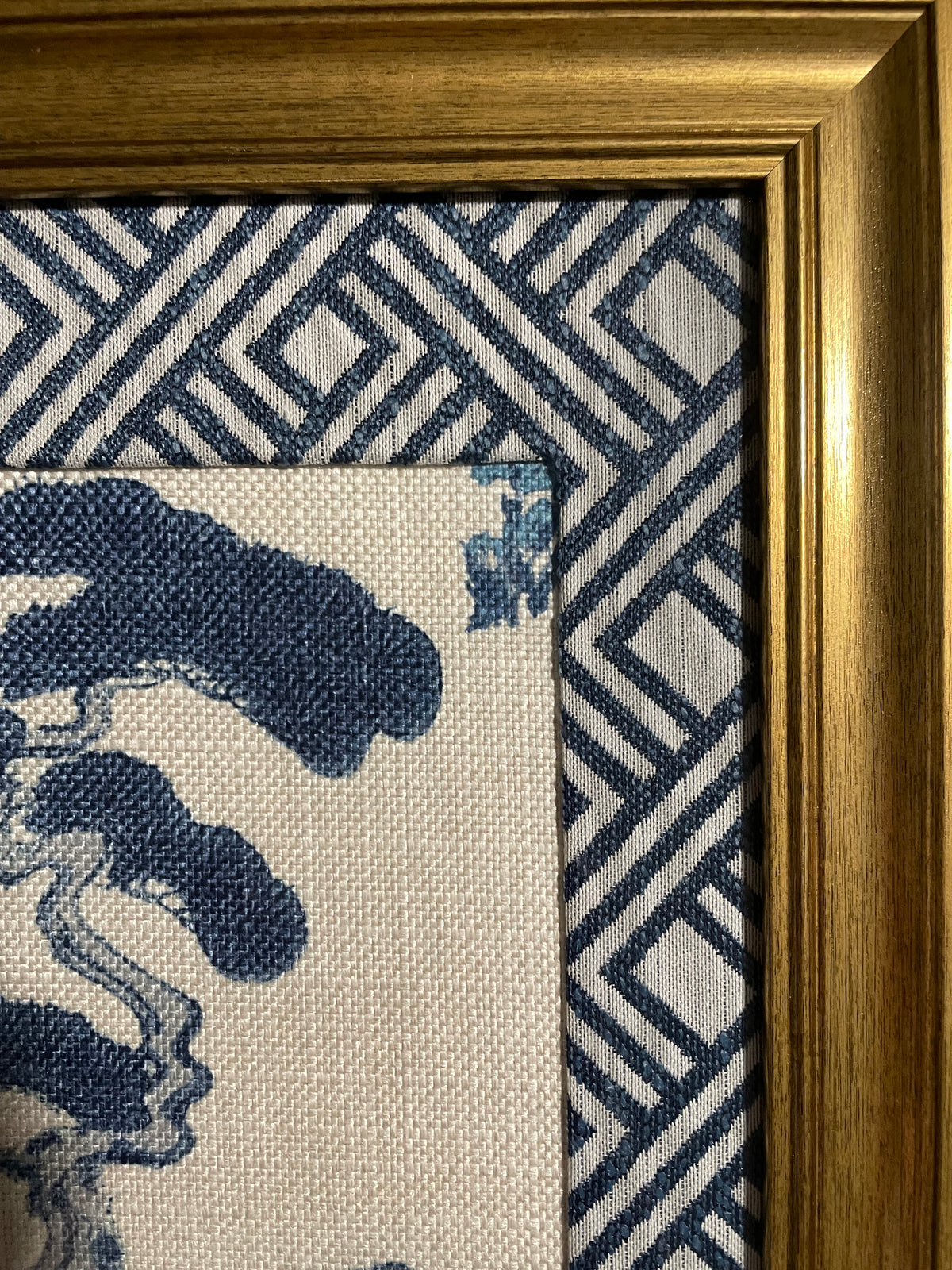 Chinoiserie Pine & Scholar's Rock Fabric Wall Art | 13x16 Gold Frame | Zen Indigo