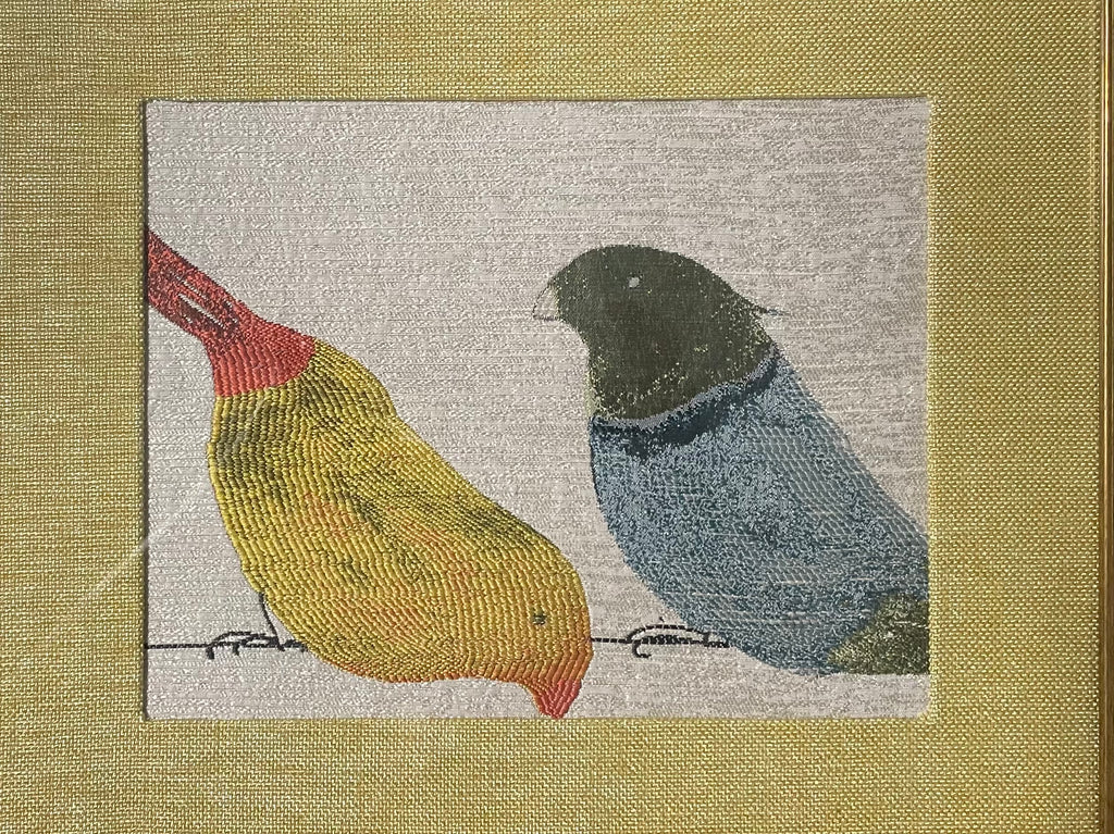 Red-Beaked & Blue Bird Duo — Fabric Wall Art, 13x16 Gold Frame