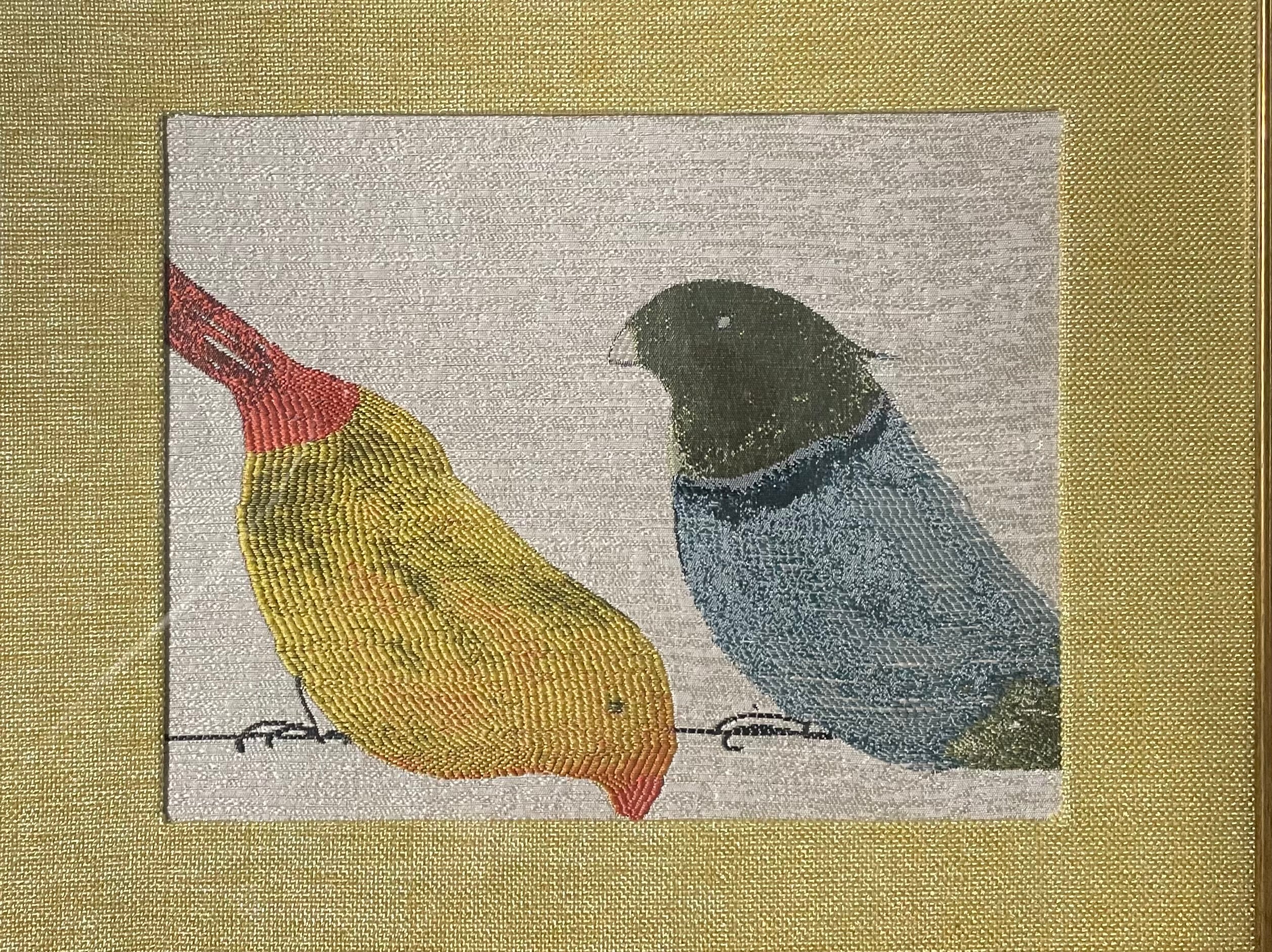 Red-Beaked & Blue Bird Duo — Fabric Wall Art, 13x16 Gold Frame