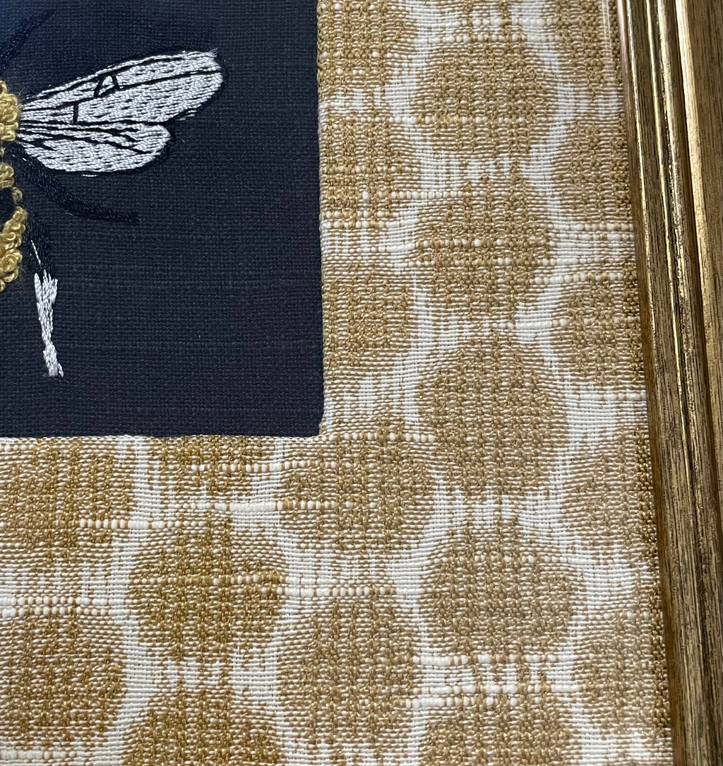 Bumblebee on Black — Embroidered Wall Art, Gold Frame with Honeycomb Fabric Mat