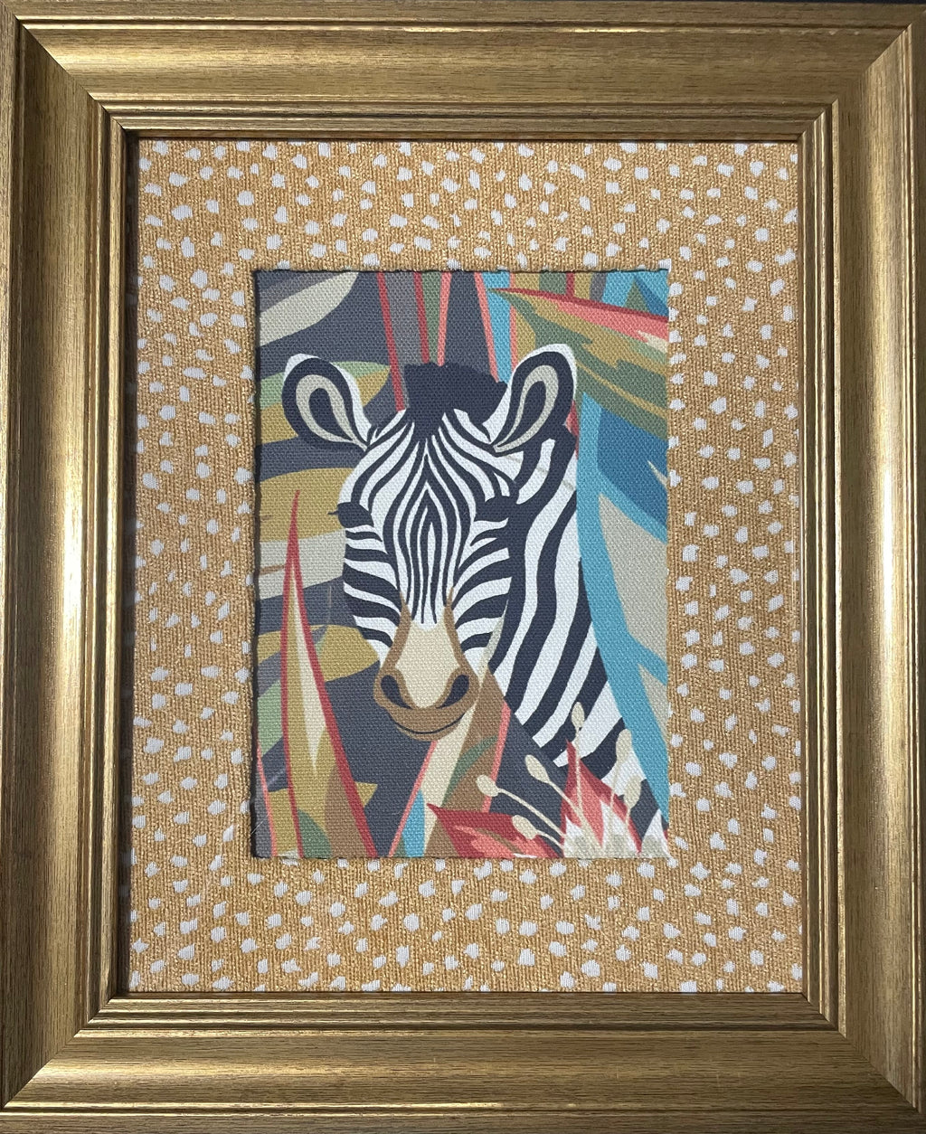 Safari Wall Art — Giraffe and Zebra Kinablu Petro fabric with reverse giraffe fabric mat in Gold Frame