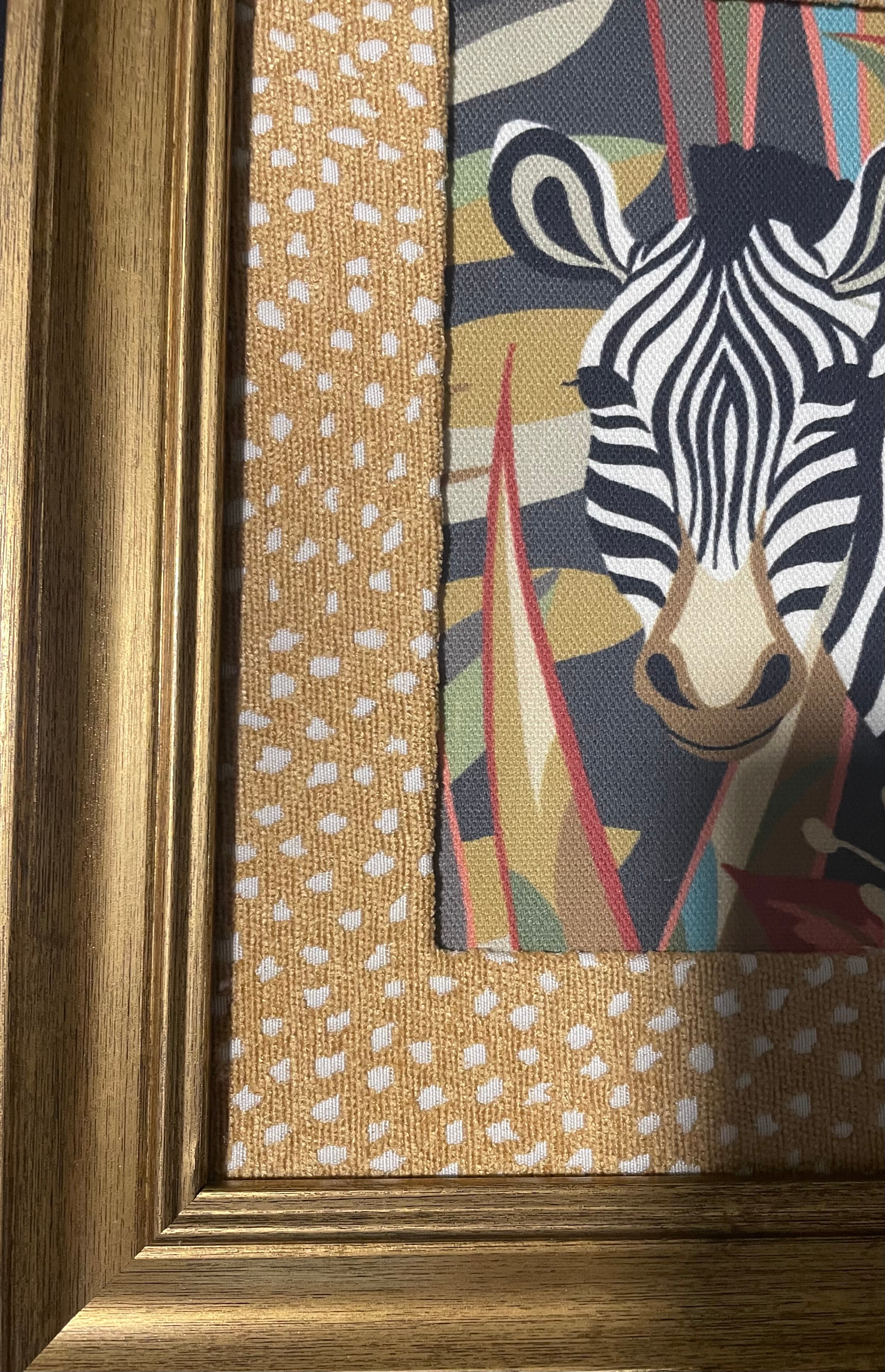 Safari Wall Art — Giraffe and Zebra Kinablu Petro fabric with reverse giraffe fabric mat in Gold Frame
