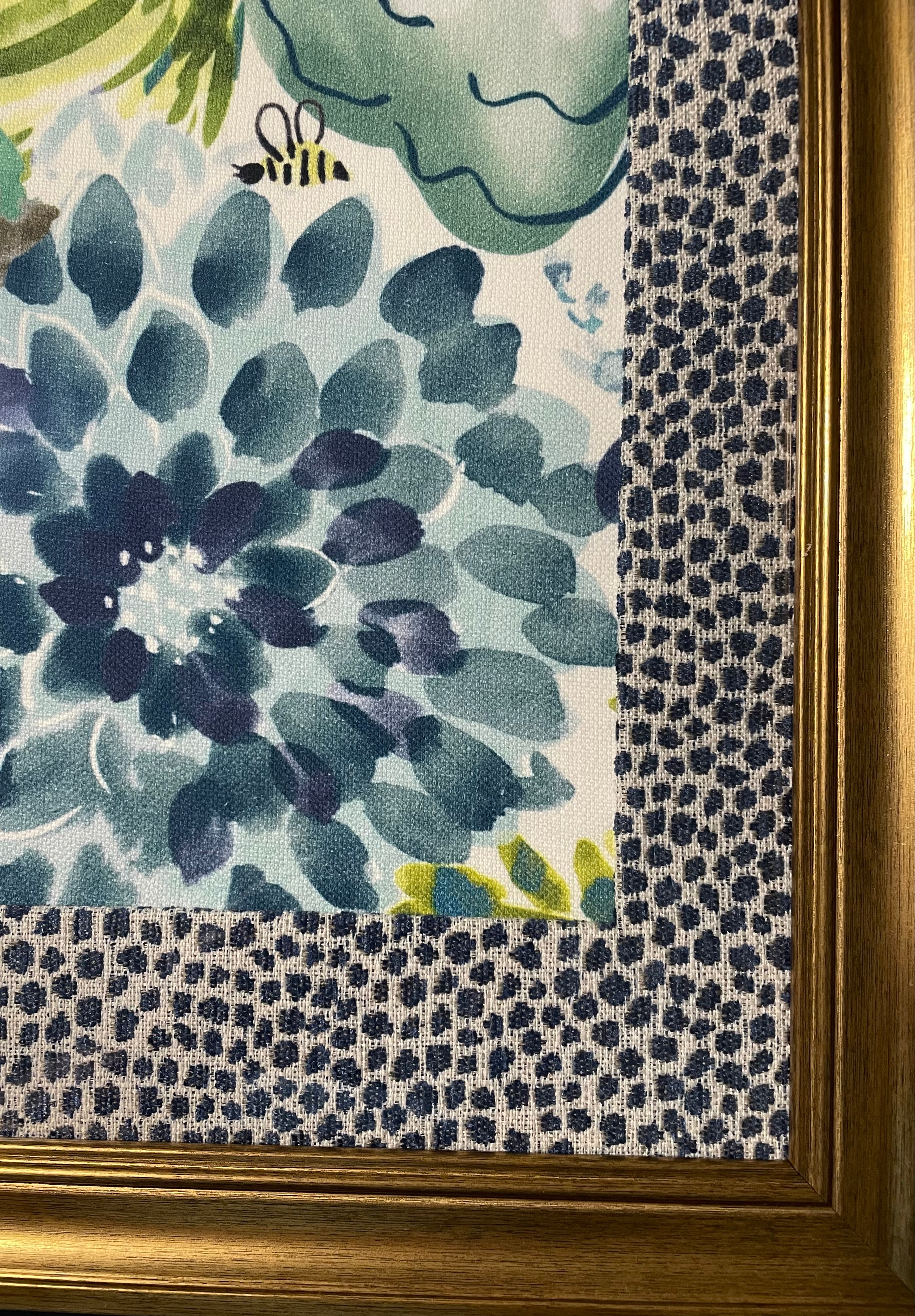 Pair of Bright Floral Watercolor Fabric Wall Art — Designer Fabric, 13x16 Gold Frame