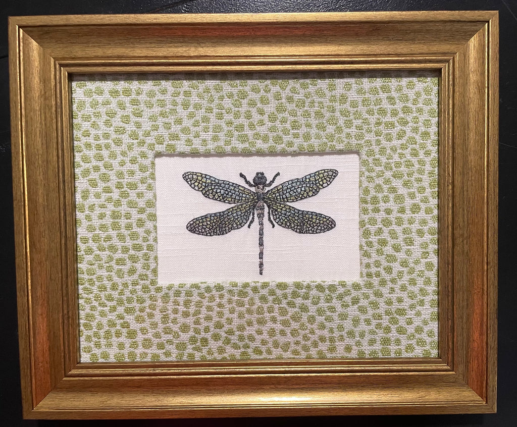 Embroidered Dragonfly Wall Art — Gold Frame with Ballard Designs Pear Tully Fabric Mat