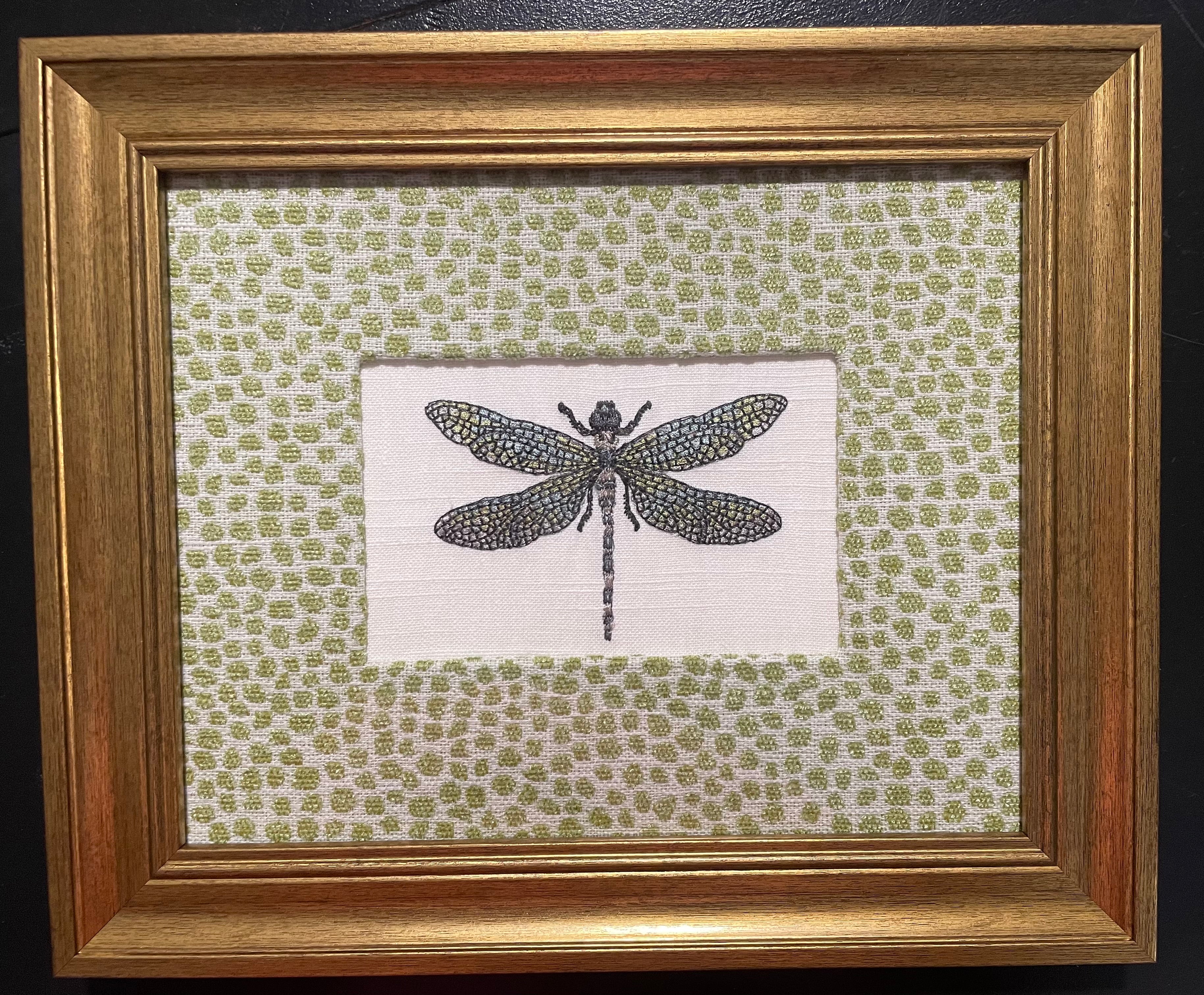 Embroidered Dragonfly Wall Art — Gold Frame with Ballard Designs Pear Tully Fabric Mat