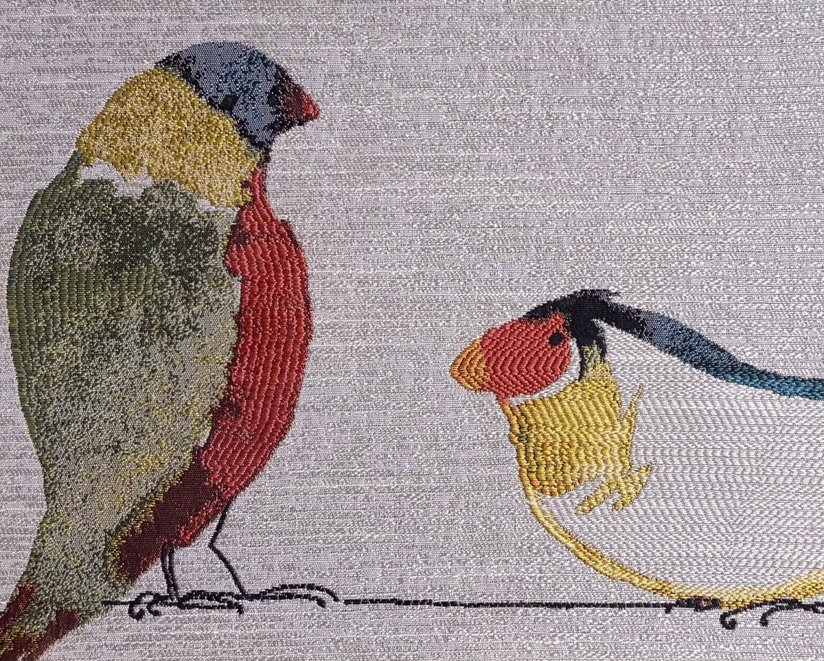 Gouldian Finch Pair — Woven Fabric Wall Art, 13x16 Antique Gold Frame
