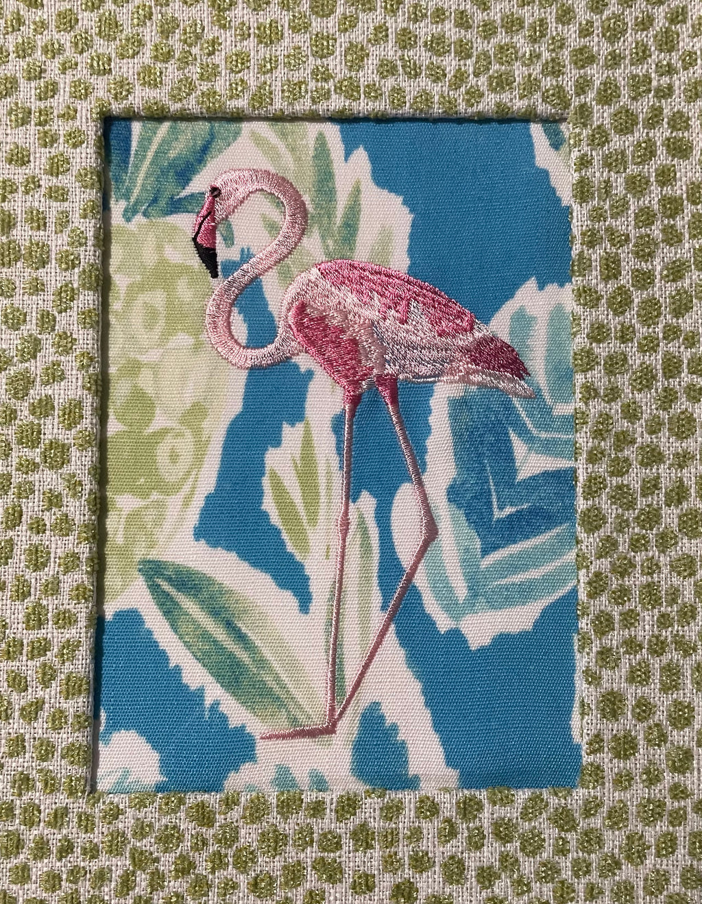 Framed Embroidered Pair of  flamingos with Custom Ballard Designs TULLY Pear Fabric Matting
