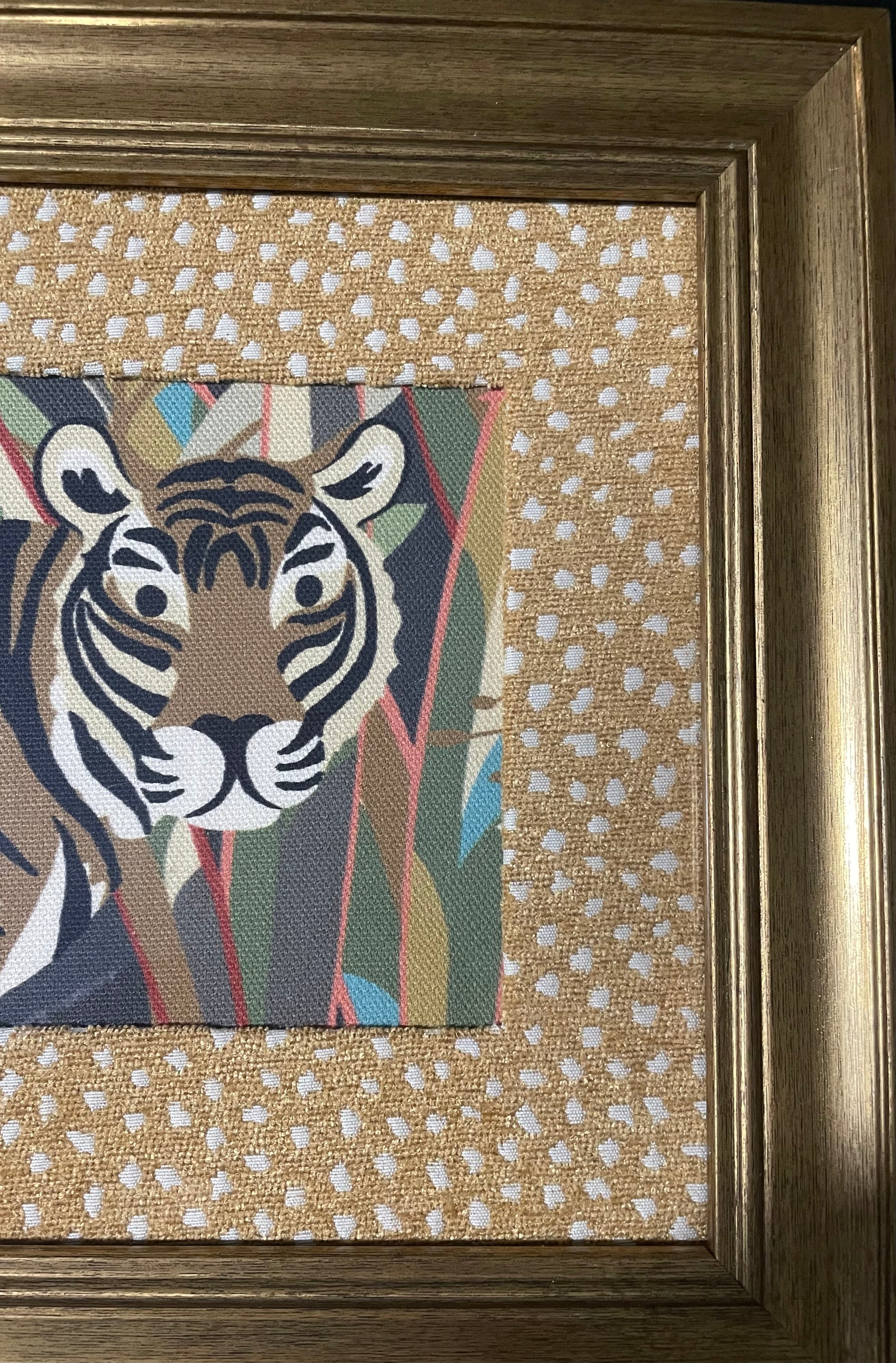 Safari Wall Art — Tiger and Money Kinablu Petro fabric with reverse giraffe fabric mat in Gold Frame