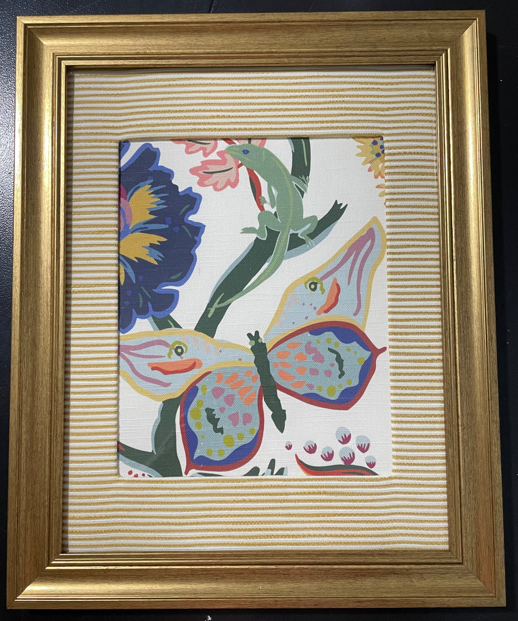 Ballard Designs Butterfly & Lizard Fabric Framed Wall Art — 13x16 Gold Frame
