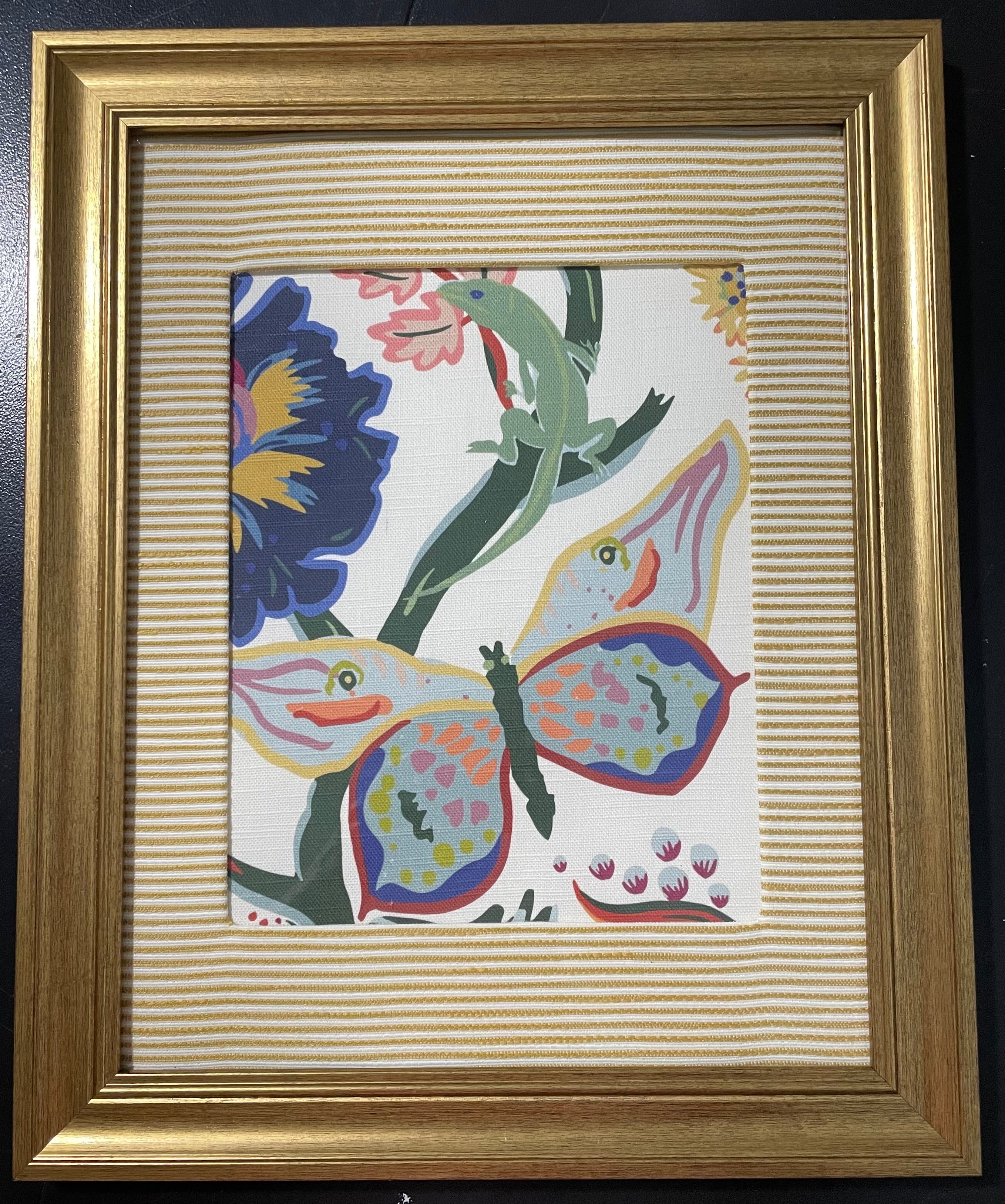Ballard Designs Butterfly & Lizard Fabric Framed Wall Art — 13x16 Gold Frame