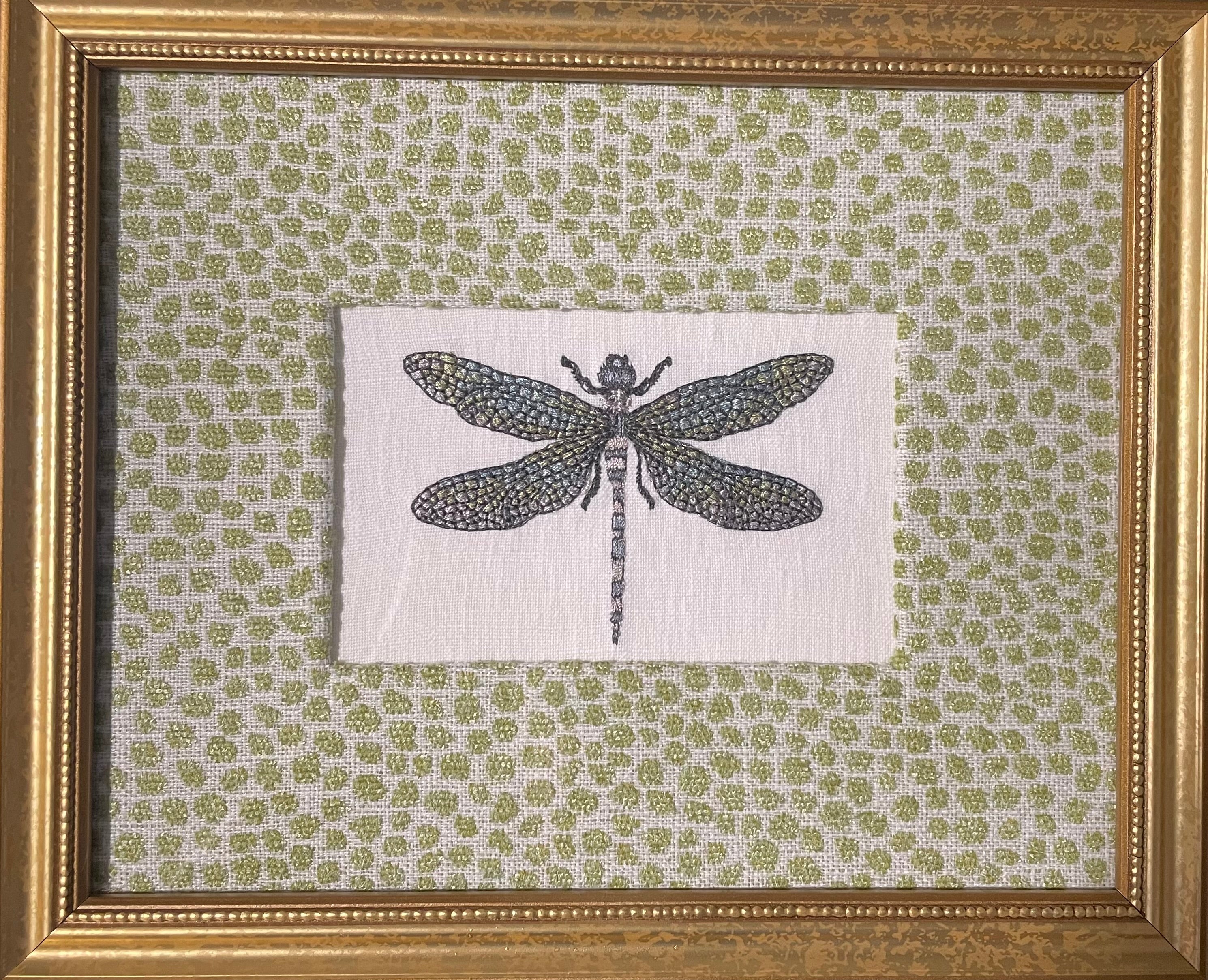 Embroidered Dragonfly Wall Art — Gold Frame with Ballard Designs Pear Tully Fabric Mat