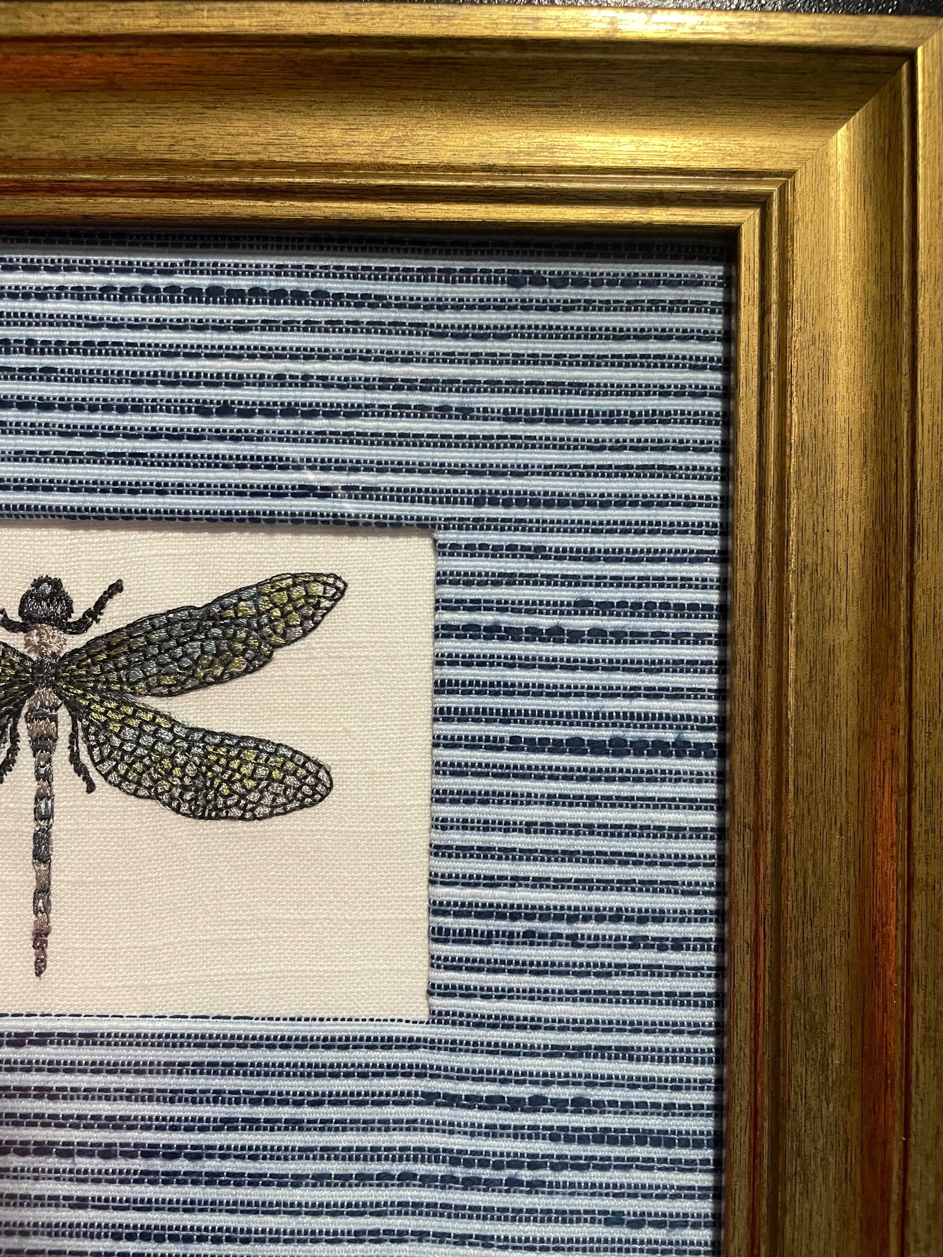 Embroidered Dragonfly Wall Art — Gold Frame with Ballard Designs Indigo Blue Biff Fabric Mat