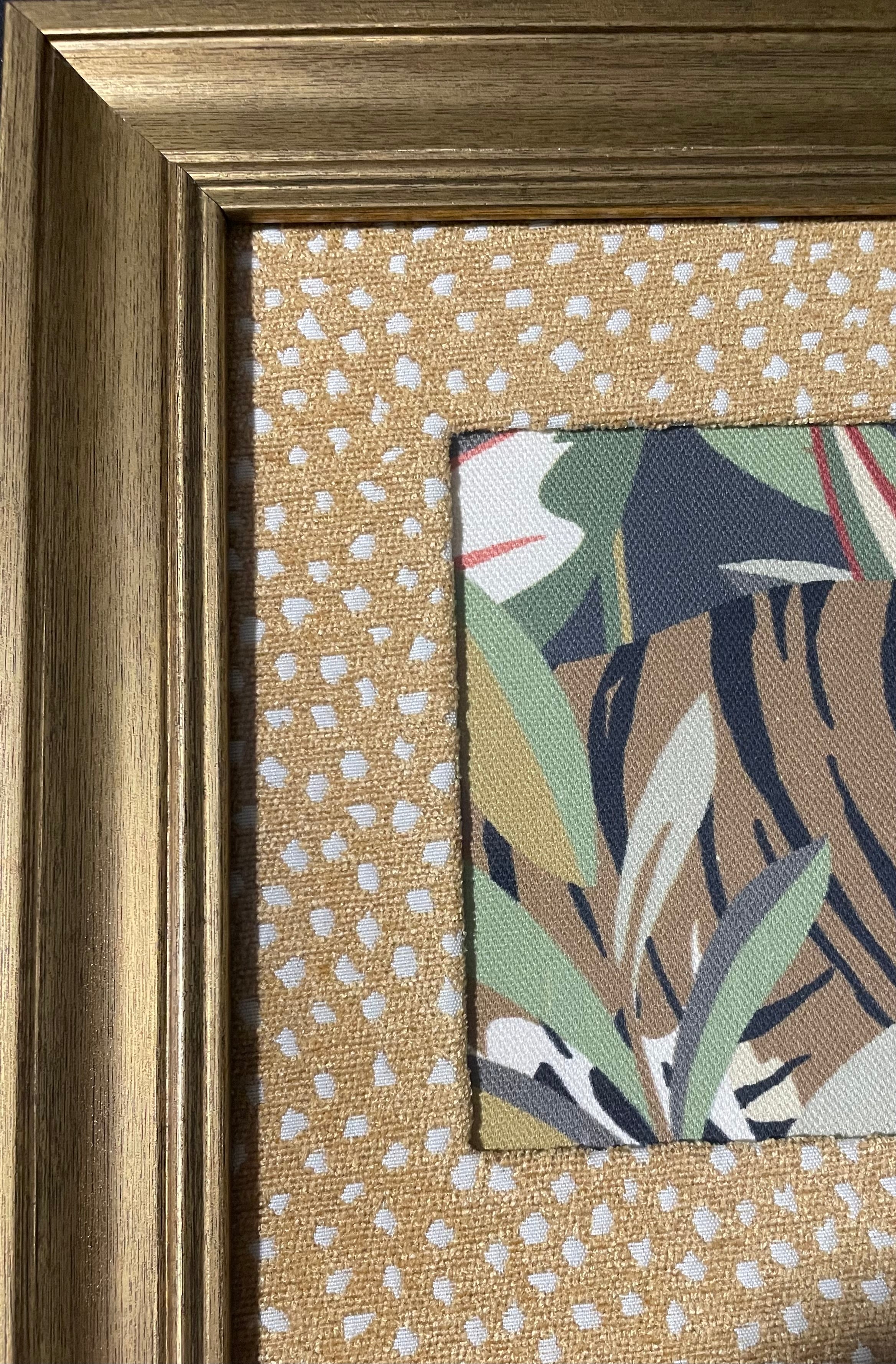 Safari Wall Art — Tiger and Money Kinablu Petro fabric with reverse giraffe fabric mat in Gold Frame