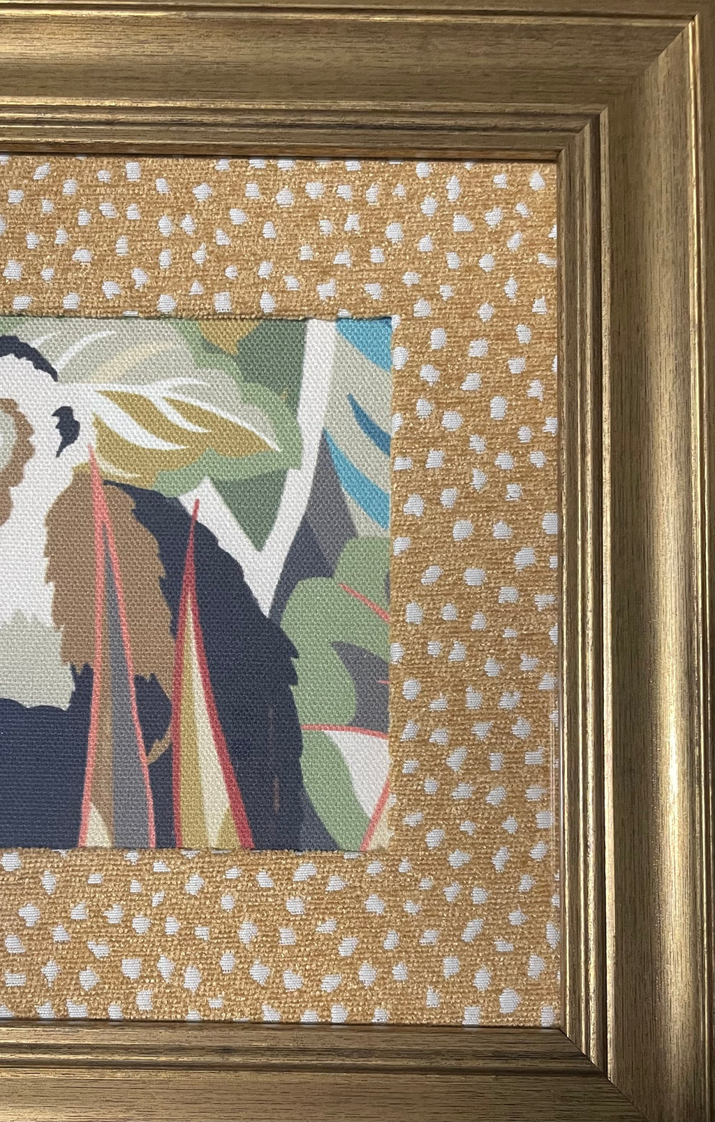 Safari Wall Art — Tiger and Money Kinablu Petro fabric with reverse giraffe fabric mat in Gold Frame