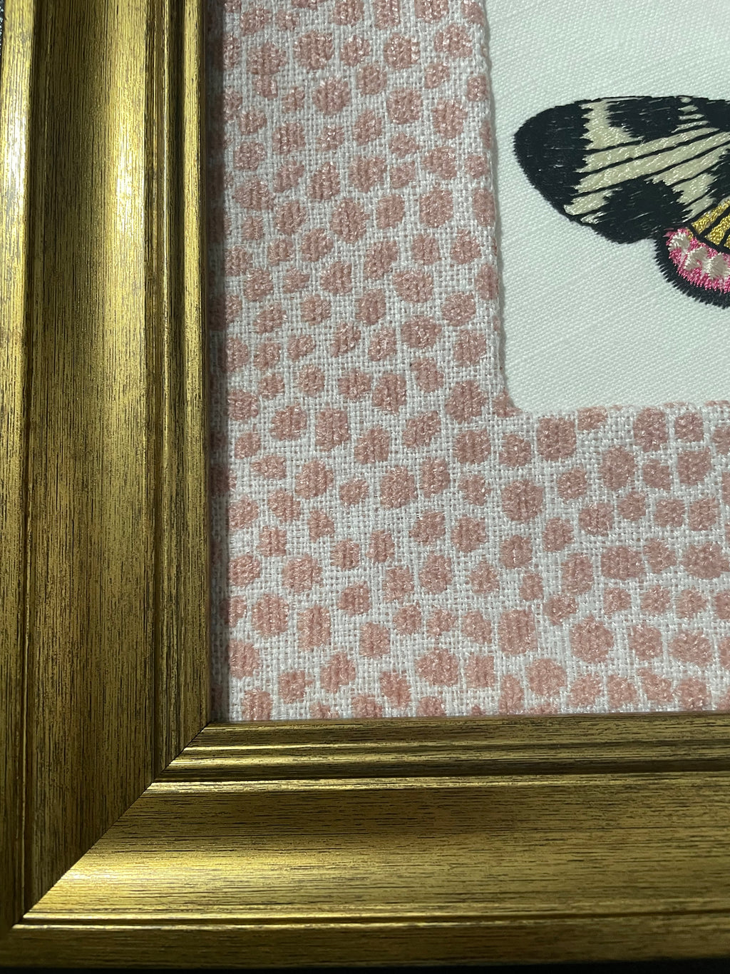 Black & White Graphic Butterfly-Moth — Embroidered Wall Art, Gold Frame with Tully Rose Quartz Fabric Mat