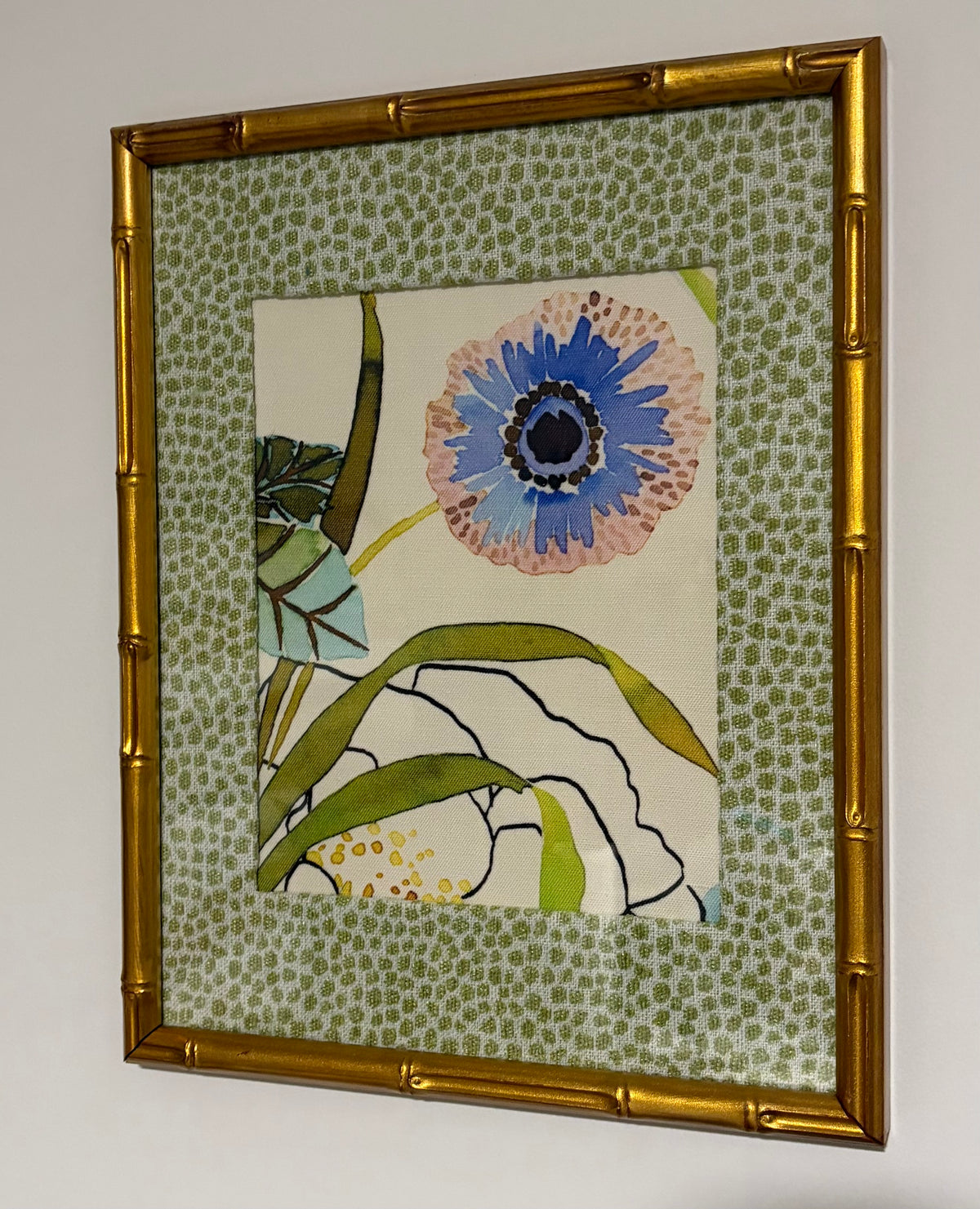 Blue & Blush Floral Fabric Wall Art, Tully Pear Mat, 12x15 Gold Bamboo Frame