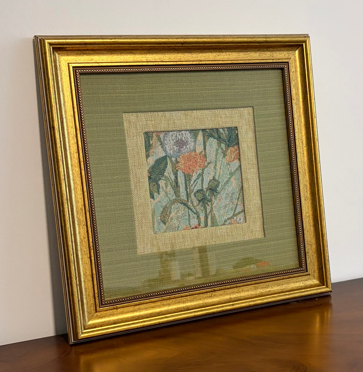 Floral Jacquard Fabric Wall Art, Double Mat, Gold Frame, 15x15