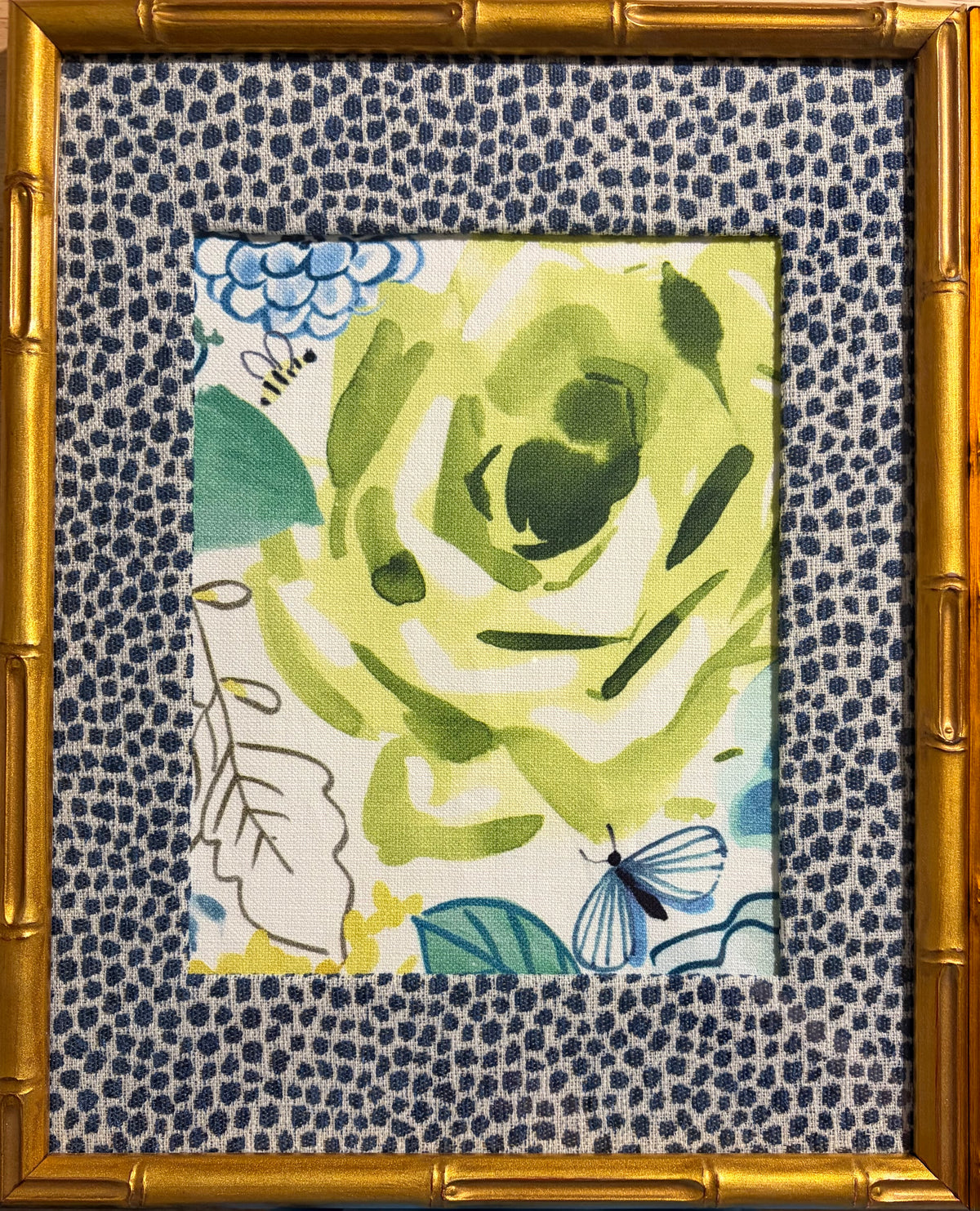 Pair Framed Bright Floral Fabric Wall Art: Gold Bamboo-Style Frames, Ballard Tully Blue Fabric Mats 12x15