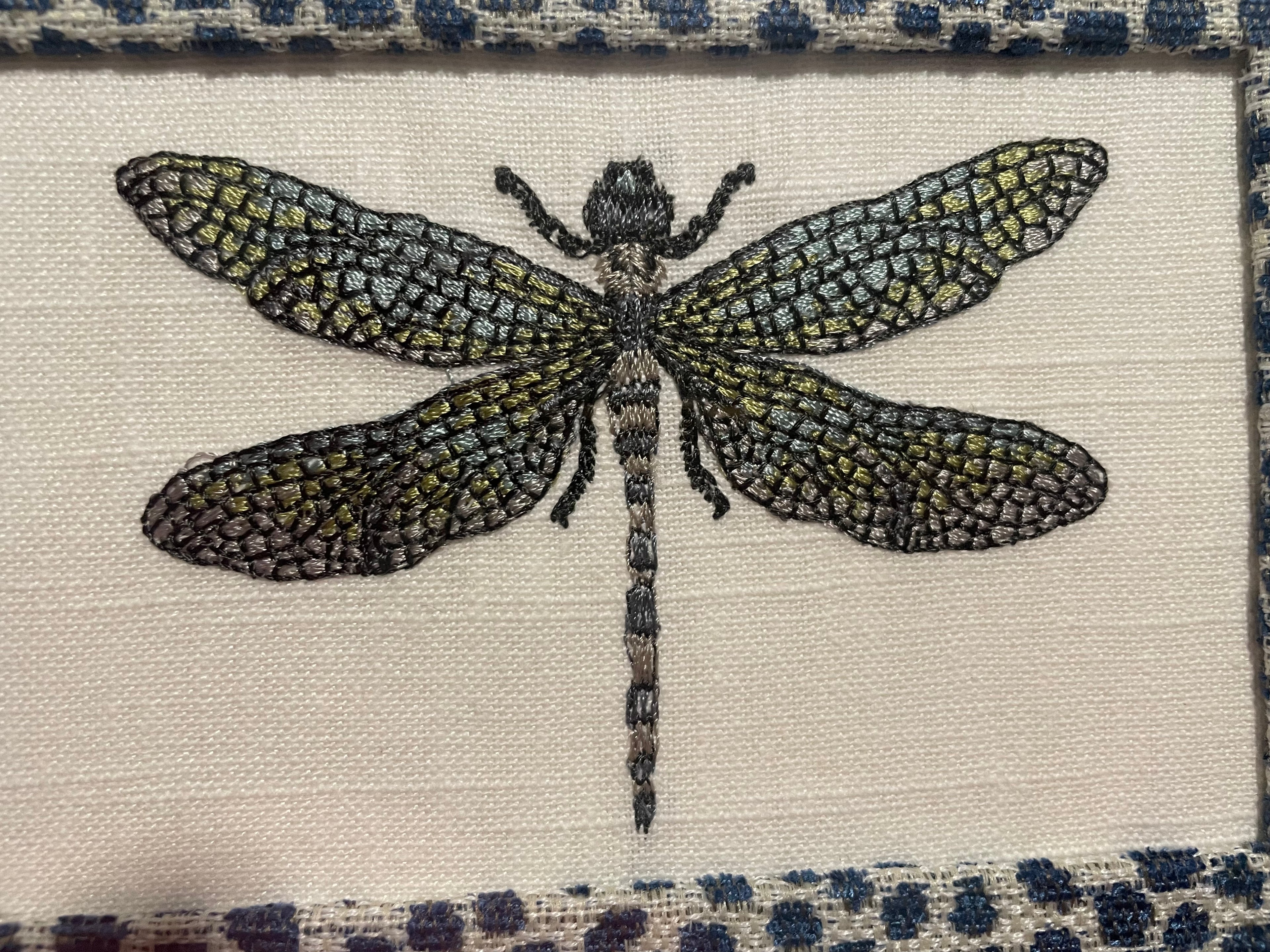 Embroidered Dragonfly Wall Art — Gold Frame with Ballard Designs Blue Tully Fabric Mat