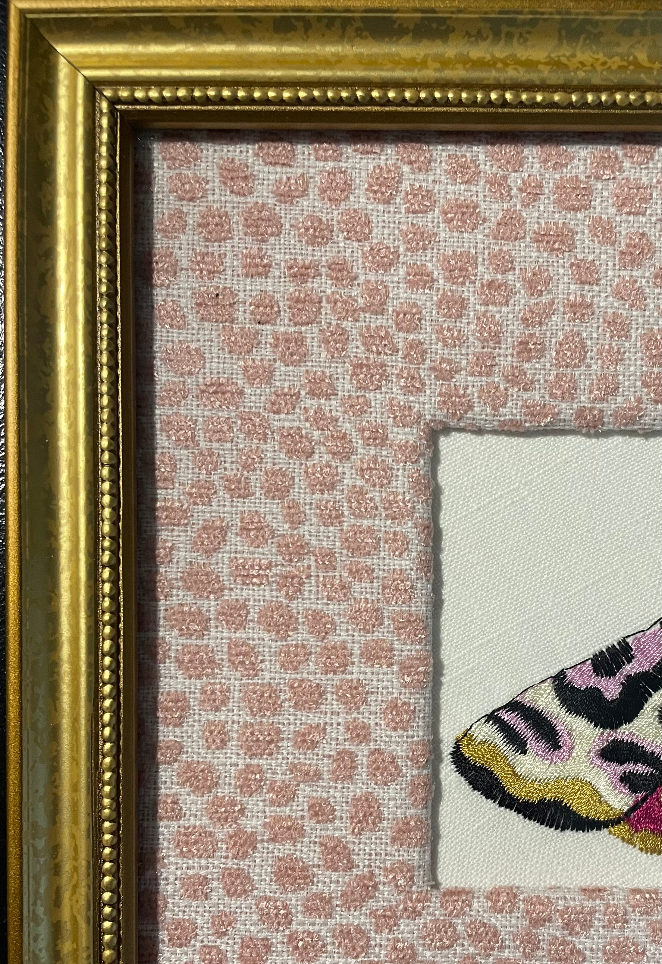 Custom Framed Embroidered Butterfly Moth Art, Ballard Designs TULLY Rose Quartz Fabric Mat