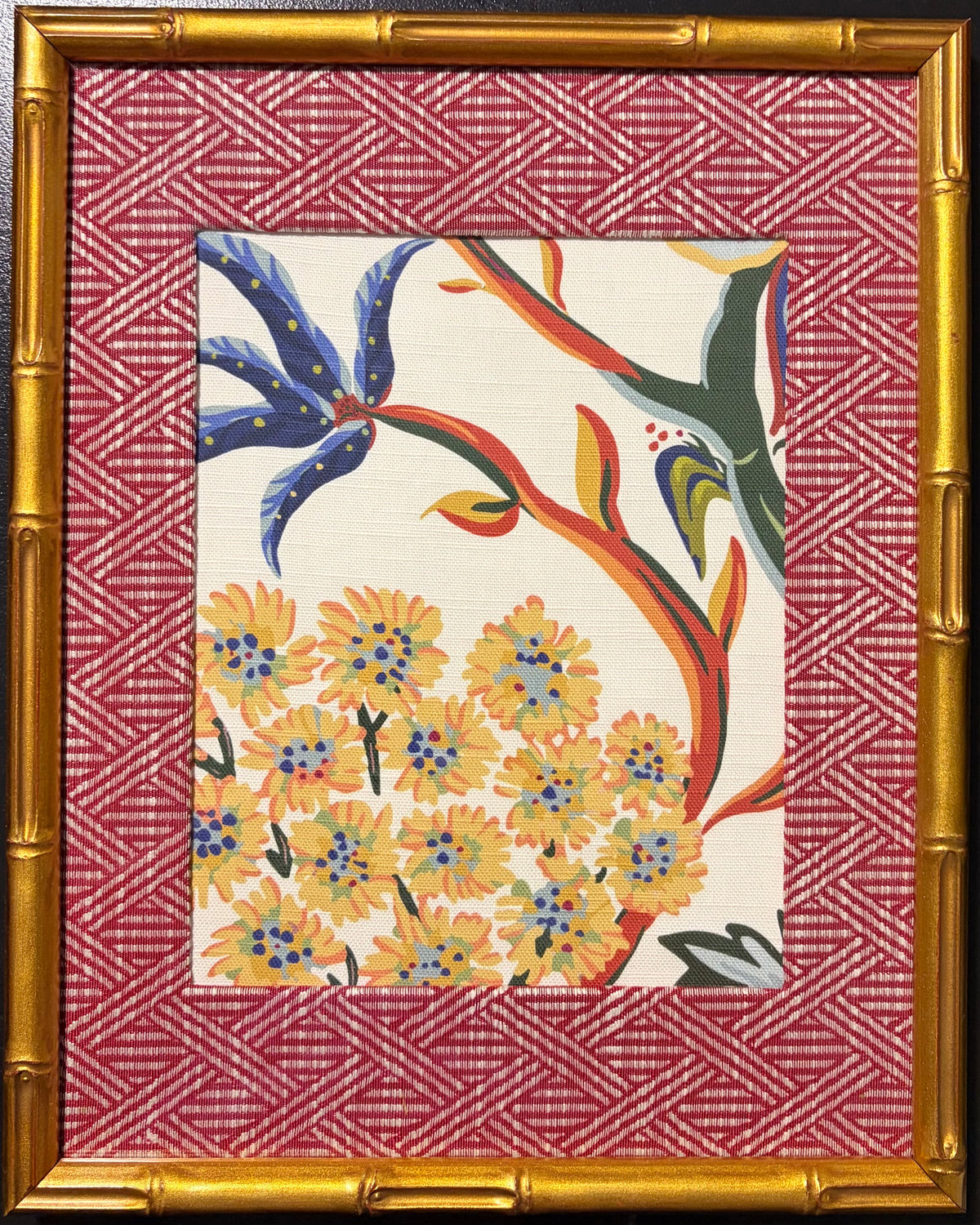 Pair of Custom Ballard Designs Millie Fabric Wall Art with custom mat— 12x15 Bamboo Gold Frame