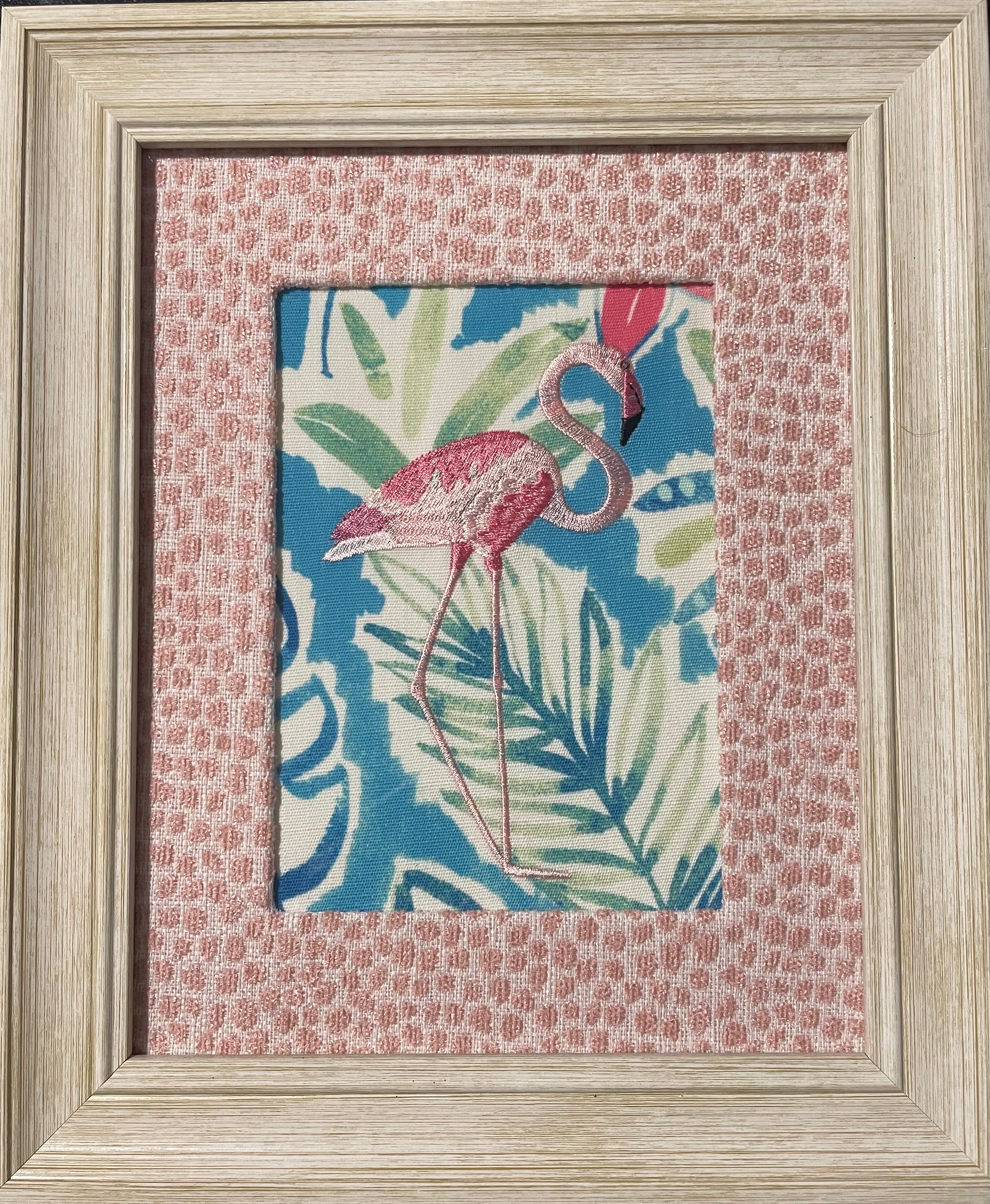 Framed Embroidered Pair of  flamingos with Custom Ballard Designs TULLY Rose Quartz Fabric Matting