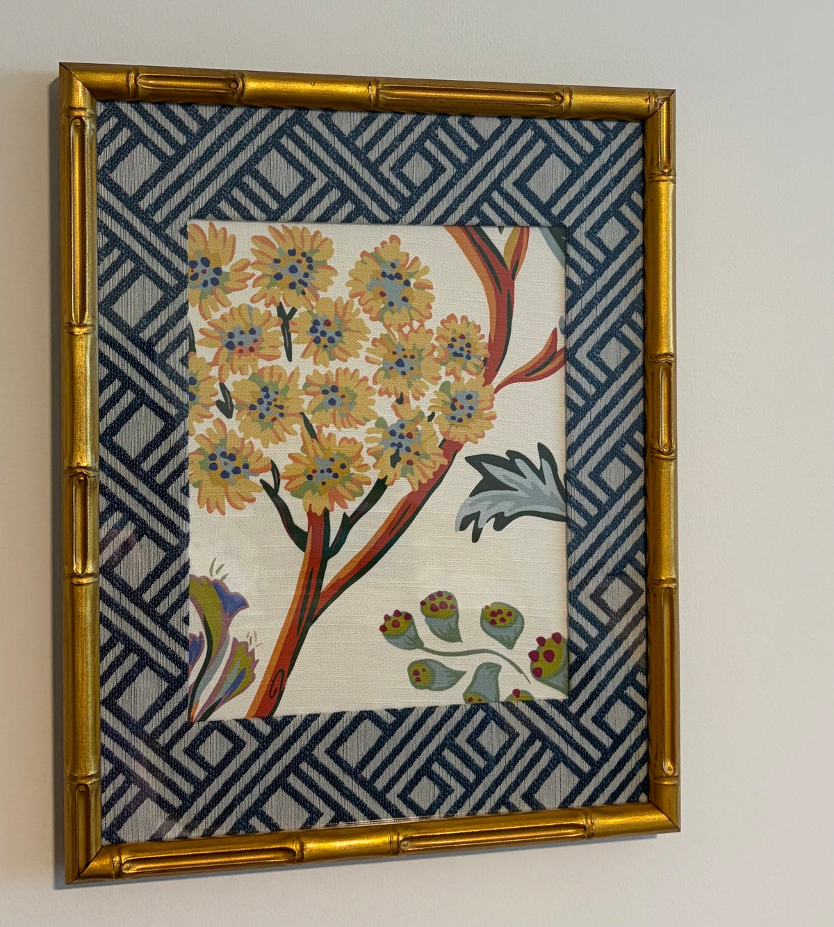 Ballard Designs Millie Fabric Framed Wall Art 12x15 Gold Bamboo Frame Textile Decor