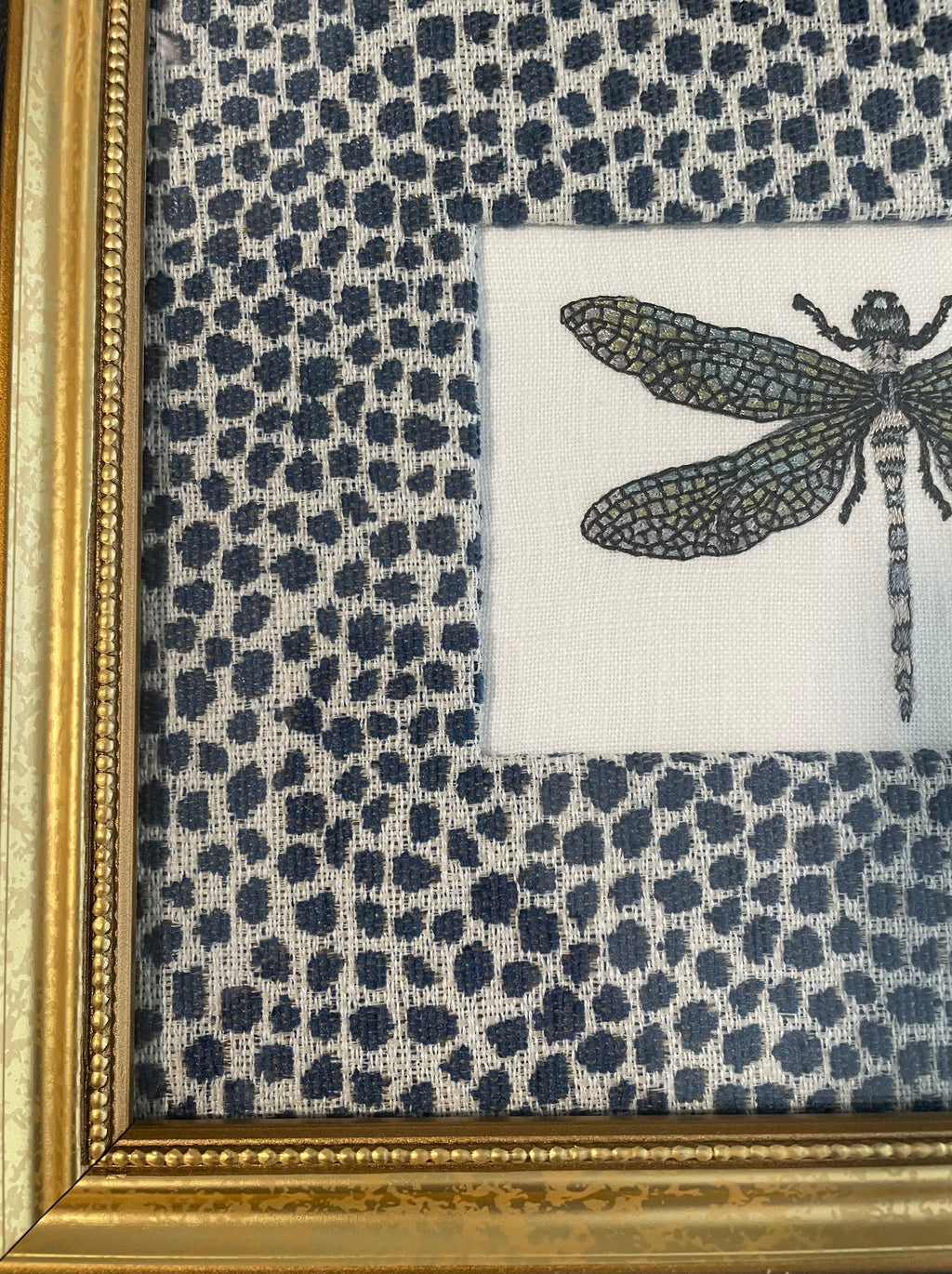 Dragonfly Embroidery in Ballard Designs Indigo Blue Fabric Mat — Gold Frame
