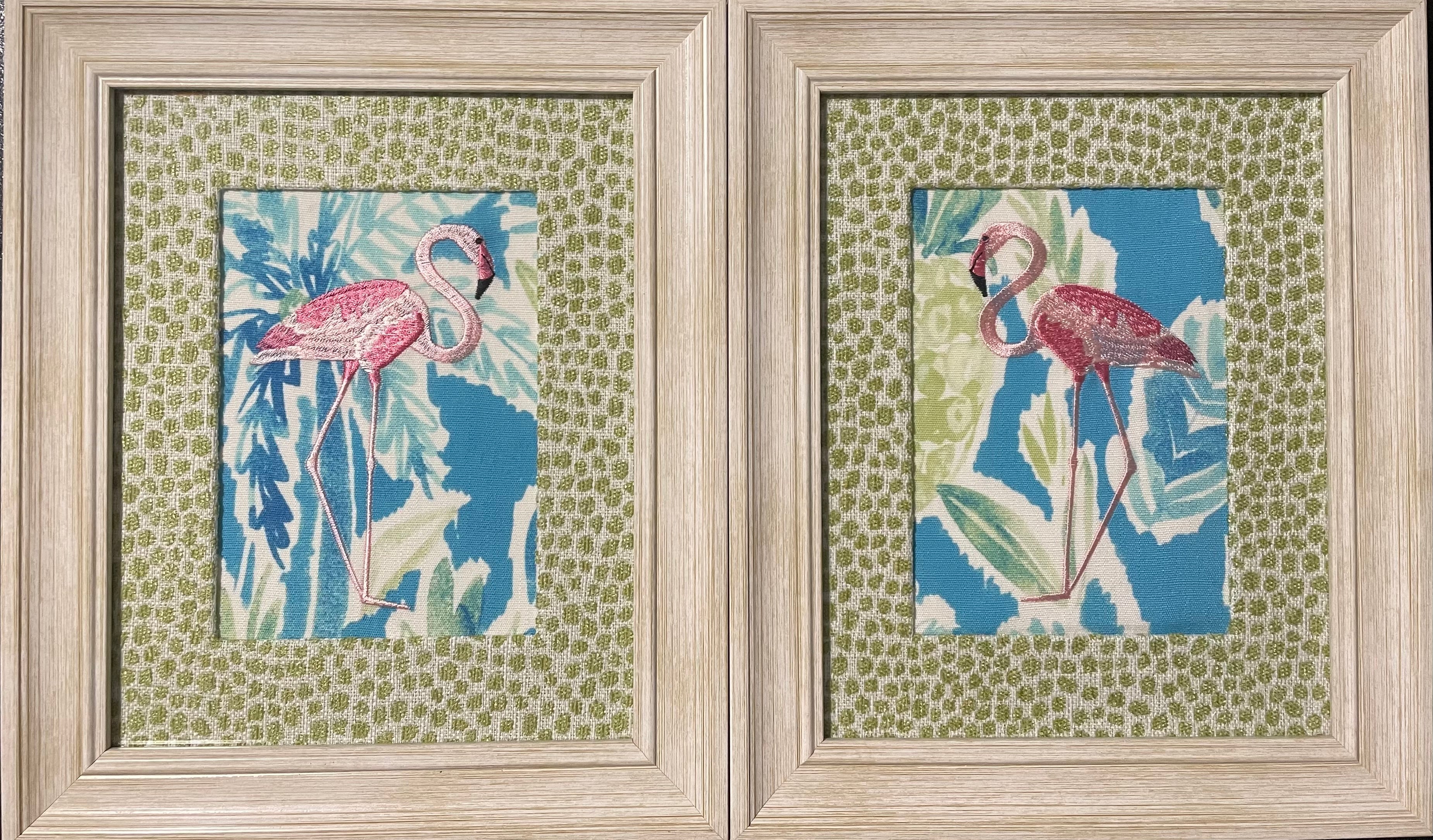 Framed Embroidered Pair of  flamingos with Custom Ballard Designs TULLY Pear Fabric Matting