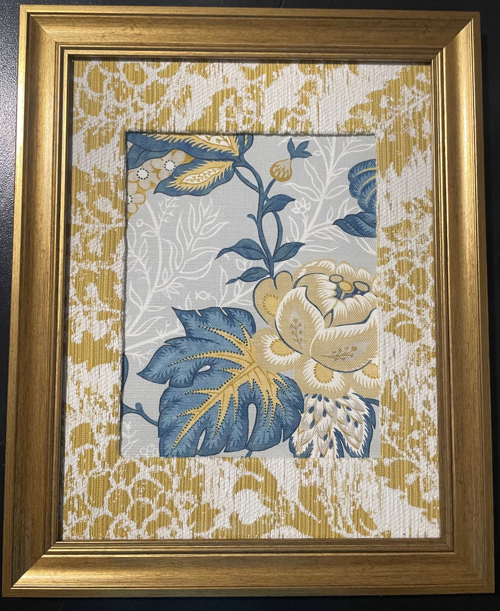 Jacobean Peony & Foliage — Welling Blue Fabric Framed Wall Art, 13x16 Gold Frame