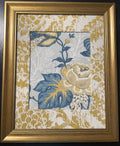Jacobean Peony & Foliage — Welling Blue Fabric Framed Wall Art, 13x16 Gold Frame