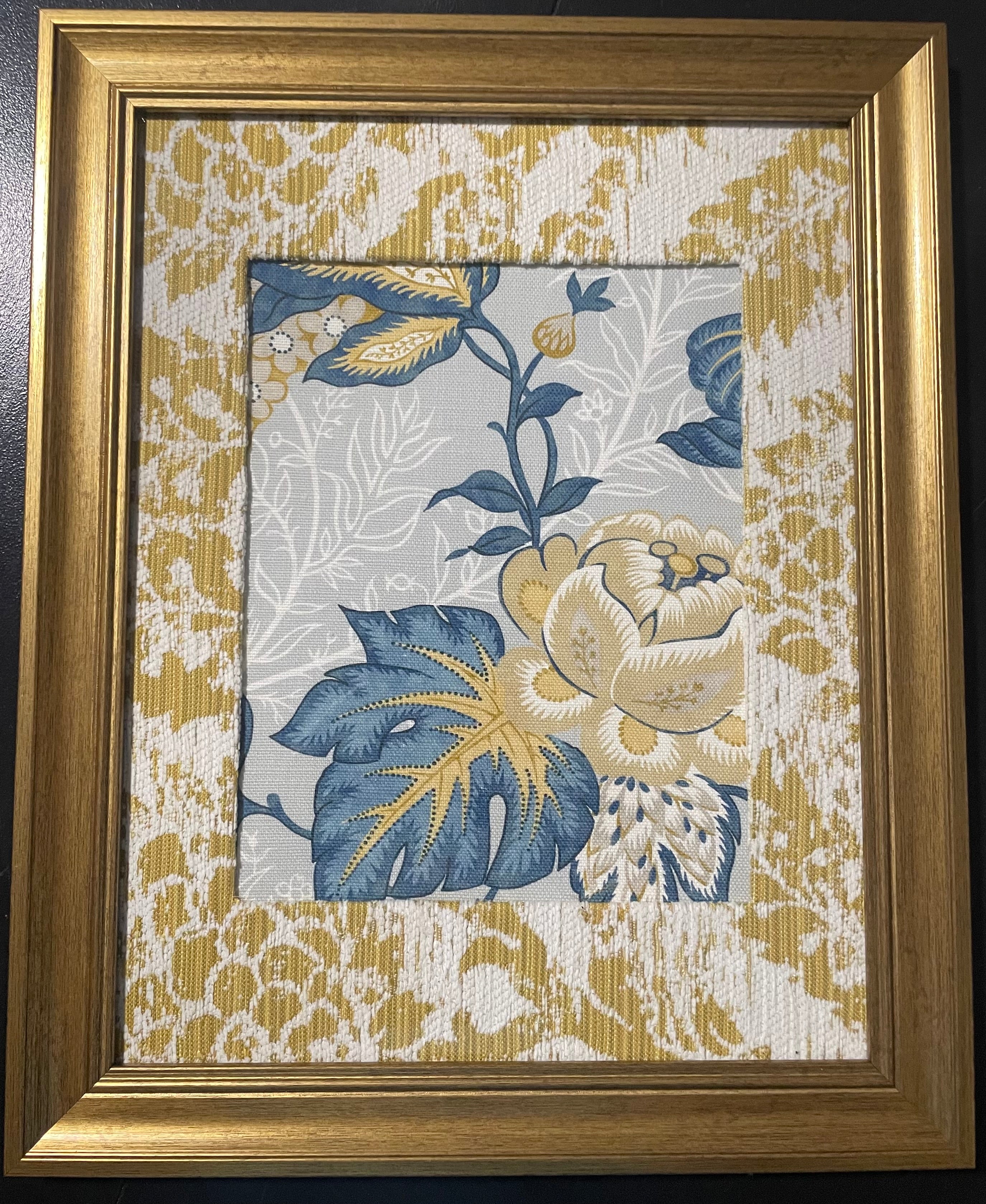 Jacobean Peony & Foliage — Welling Blue Fabric Framed Wall Art, 13x16 Gold Frame