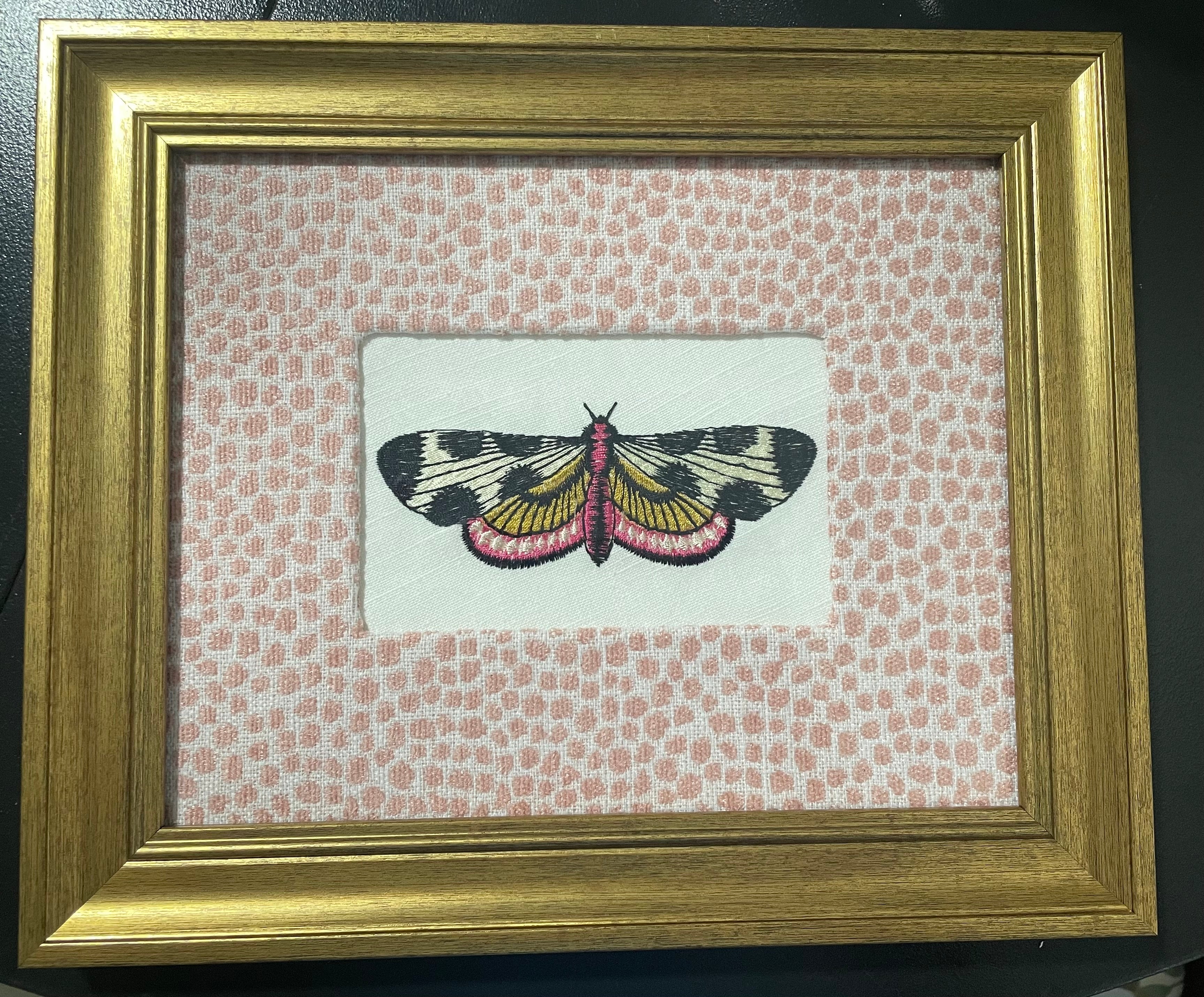 Black & White Graphic Butterfly-Moth — Embroidered Wall Art, Gold Frame with Tully Rose Quartz Fabric Mat