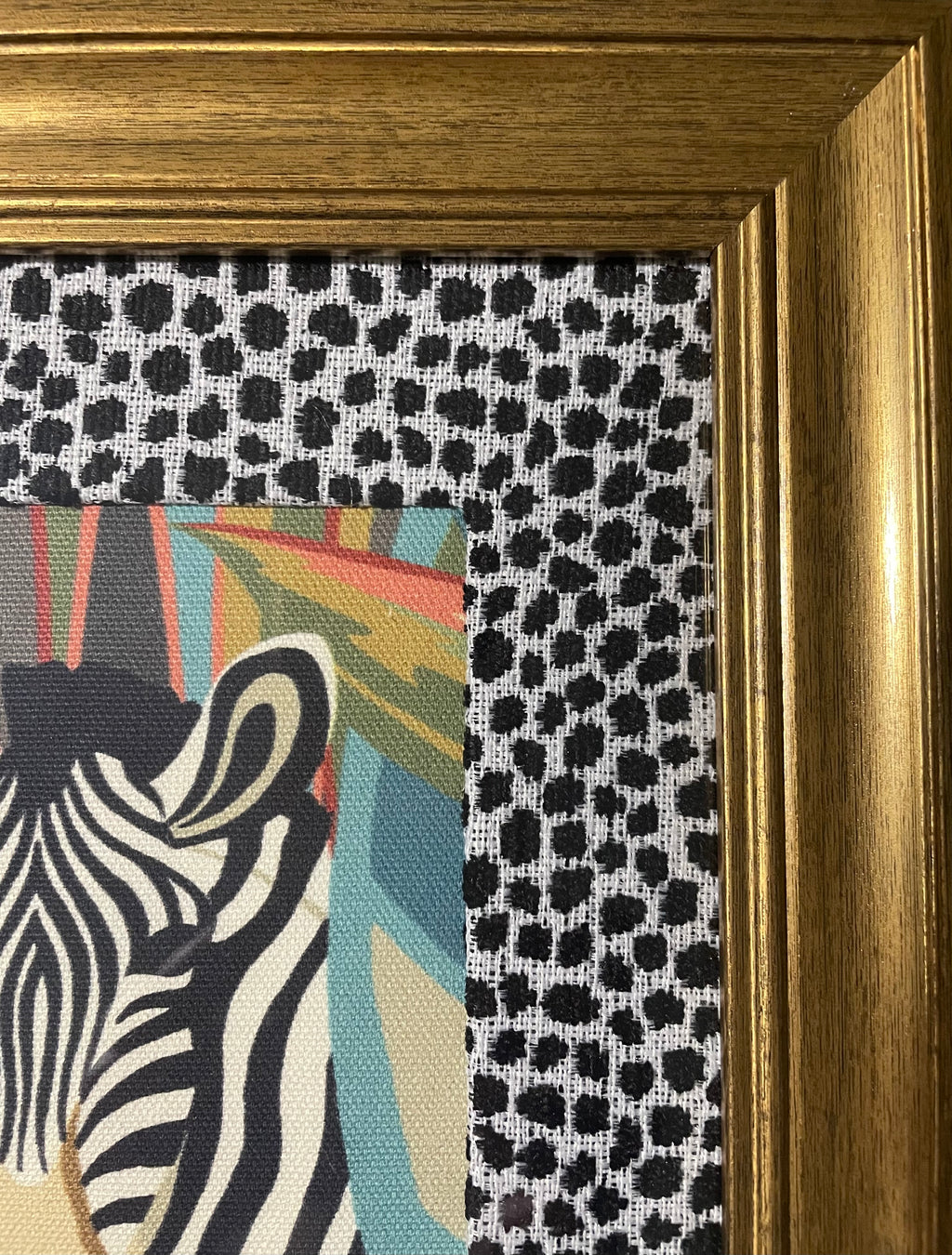 Safari Wall Art — Giraffe and Zebra Kinablu Petro fabric with Ballard Designs Ebony Tully fabric mat in Gold Frame