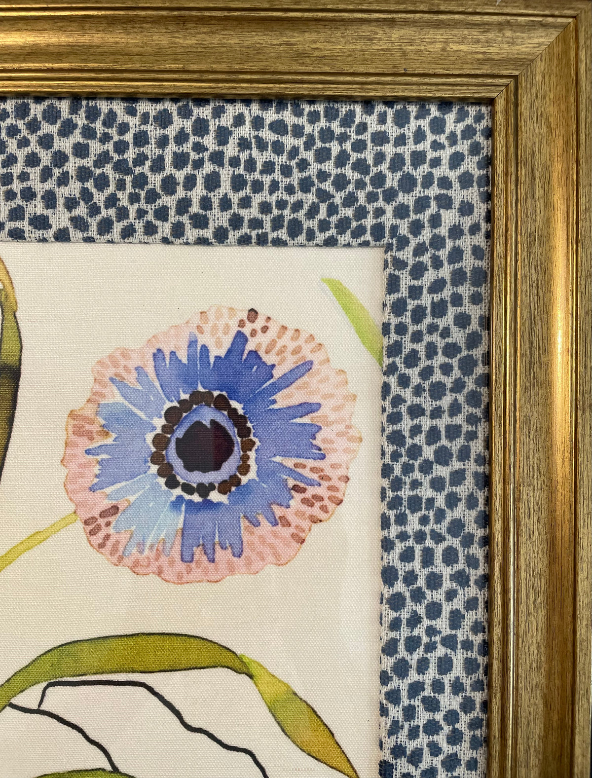 Blush & Blue Anemone — Designer Fabric Wall Art, 13x16 Gold Frame