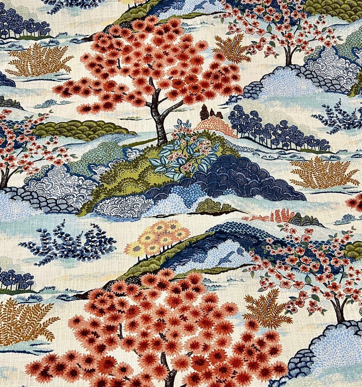Pair of Framed Botanical Fabric Wall Art — Japanese Garden Scene, 12×15 Dark Mahogany Bamboo Frame