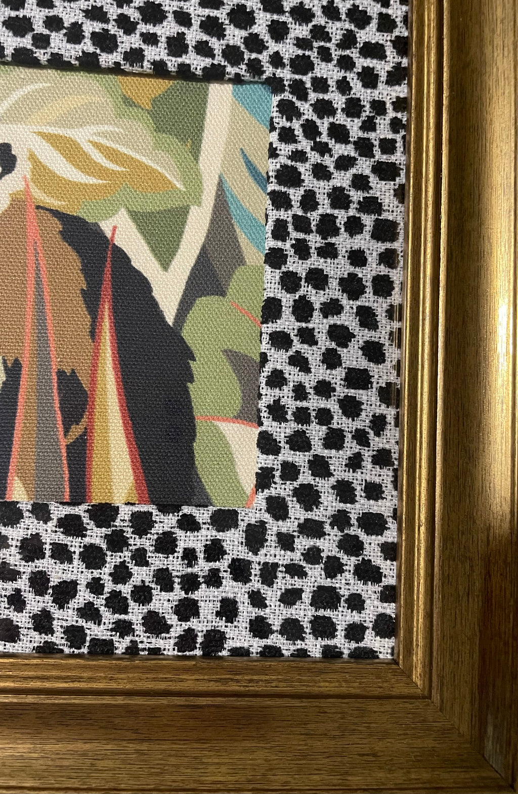Safari Wall Art — Giraffe and Zebra Kinablu Petro fabric with Ballard Designs Tully Ebony fabric mat in Gold Frames