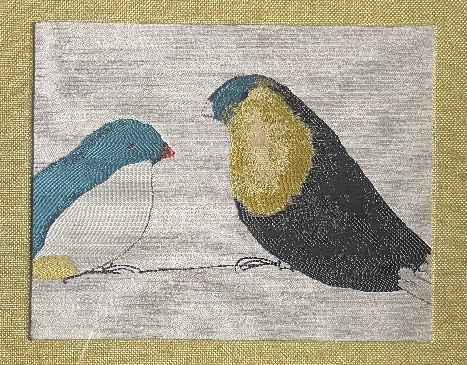 Facing Birds — Teal, White & Charcoal Fabric Wall Art, 13x16 Gold Frame