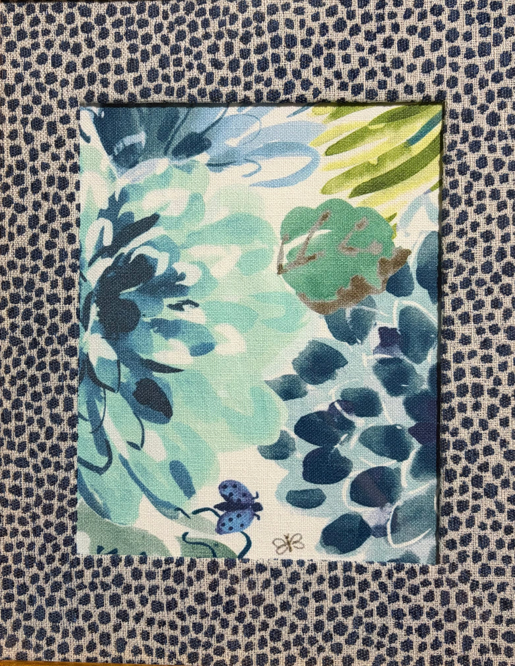 Pair Framed Bright Floral Fabric Wall Art: Gold Bamboo-Style Frames, Ballard Tully Blue Fabric Mats 12x15