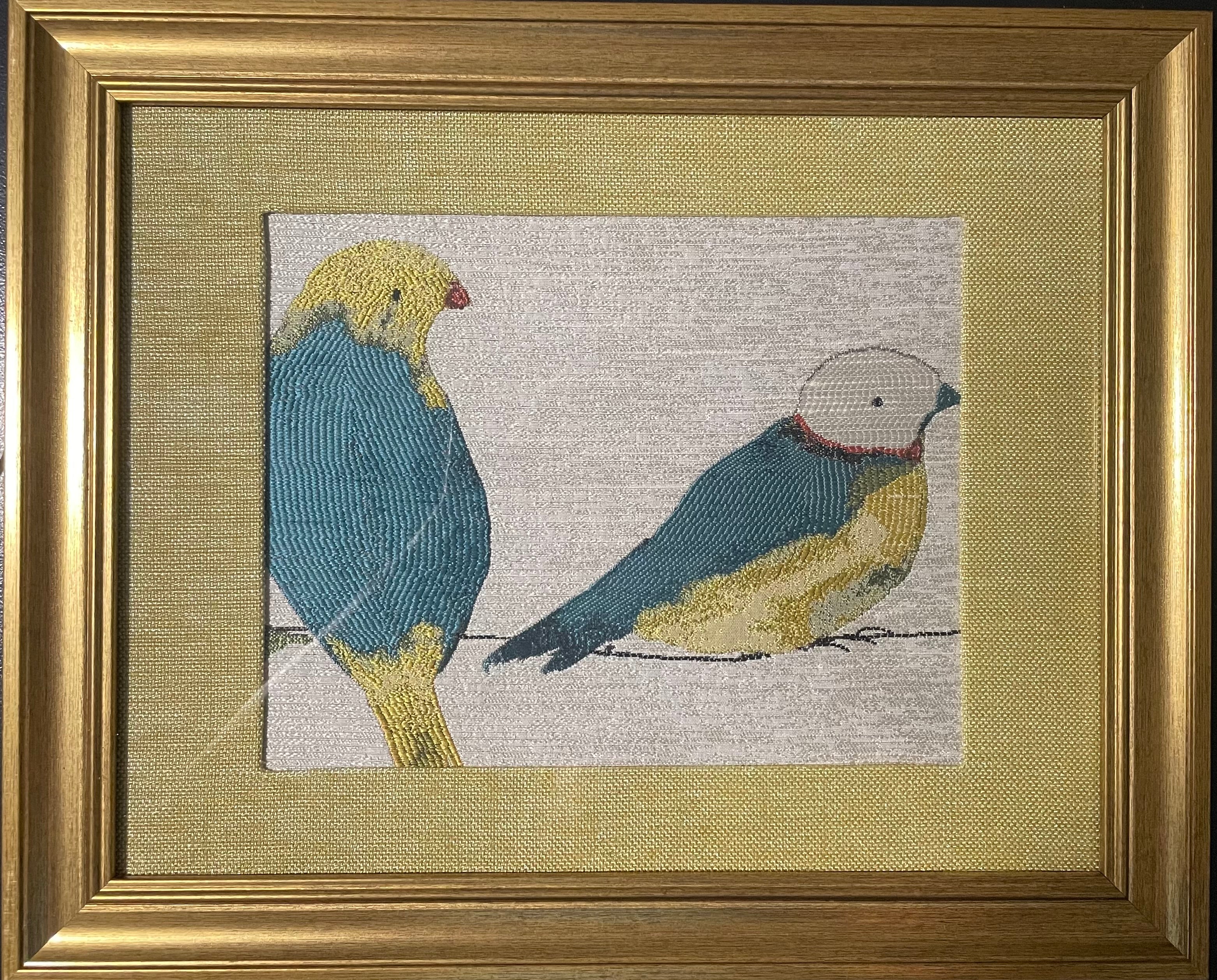 Teal & Gold Bird Pair — Fabric Wall Art, 13x16 Gold Frame