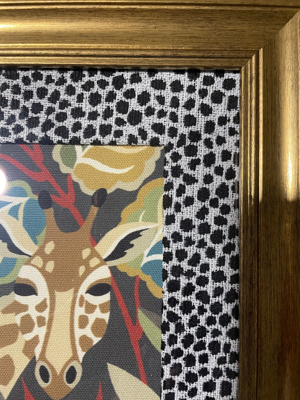 Safari Wall Art — Giraffe and Zebra Kinablu Petro fabric with Ballard Designs Ebony Tully fabric mat in Gold Frame