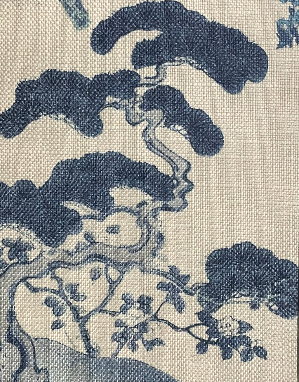 Chinoiserie Pine & Scholar's Rock Fabric Wall Art | 13x16 Gold Frame | Zen Indigo